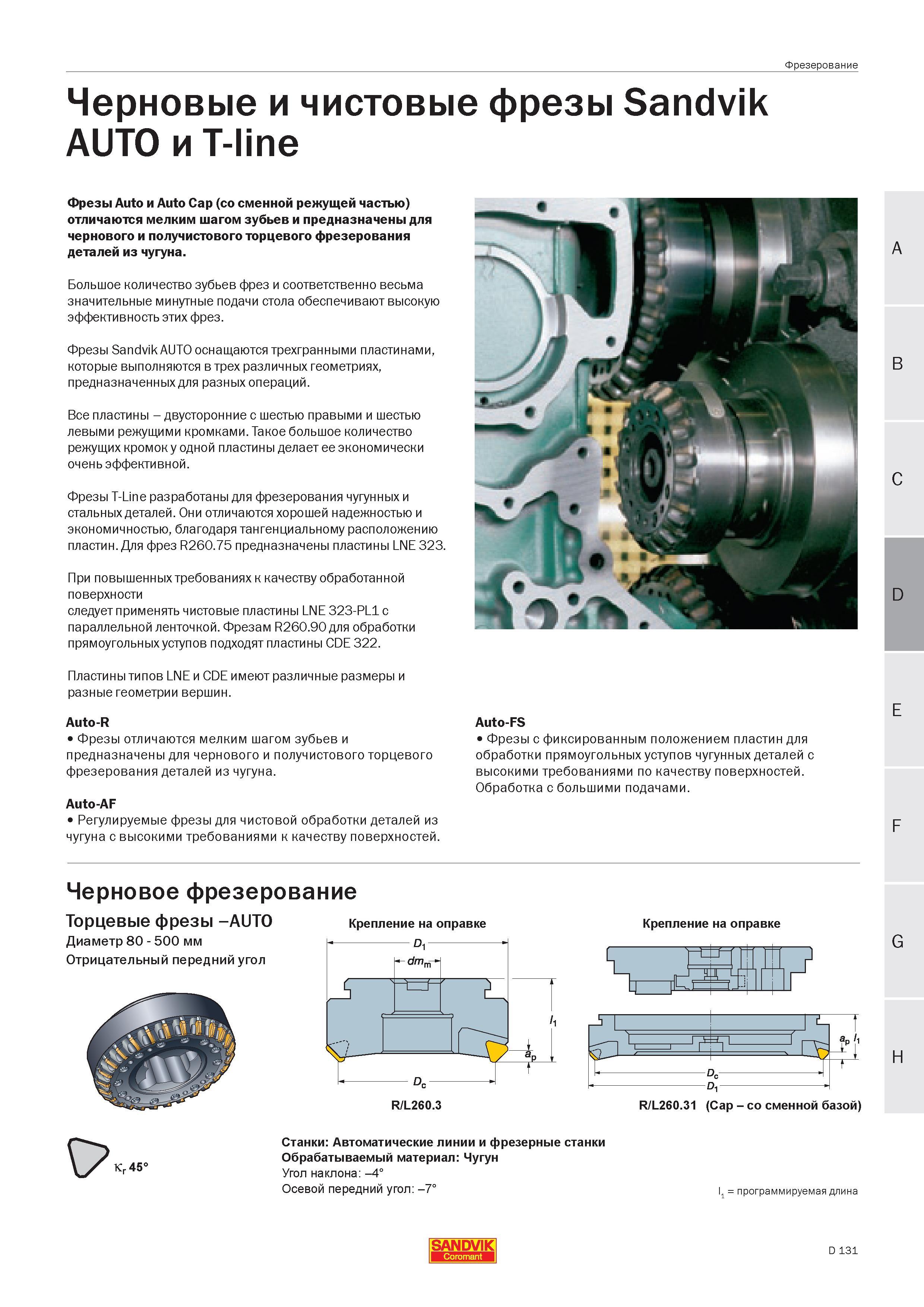 293 Фрезы Sandvik Auto и Auto Сар со сменной режущей частью отличаются мелким шагом зубьев и предназначены для чернового и получистового торцевого фр Руководство SANDVIK COROMANT 2005 по современной обработке металлов резанием на металлорежущих станках и центрах с ЧПУ Стр. D131