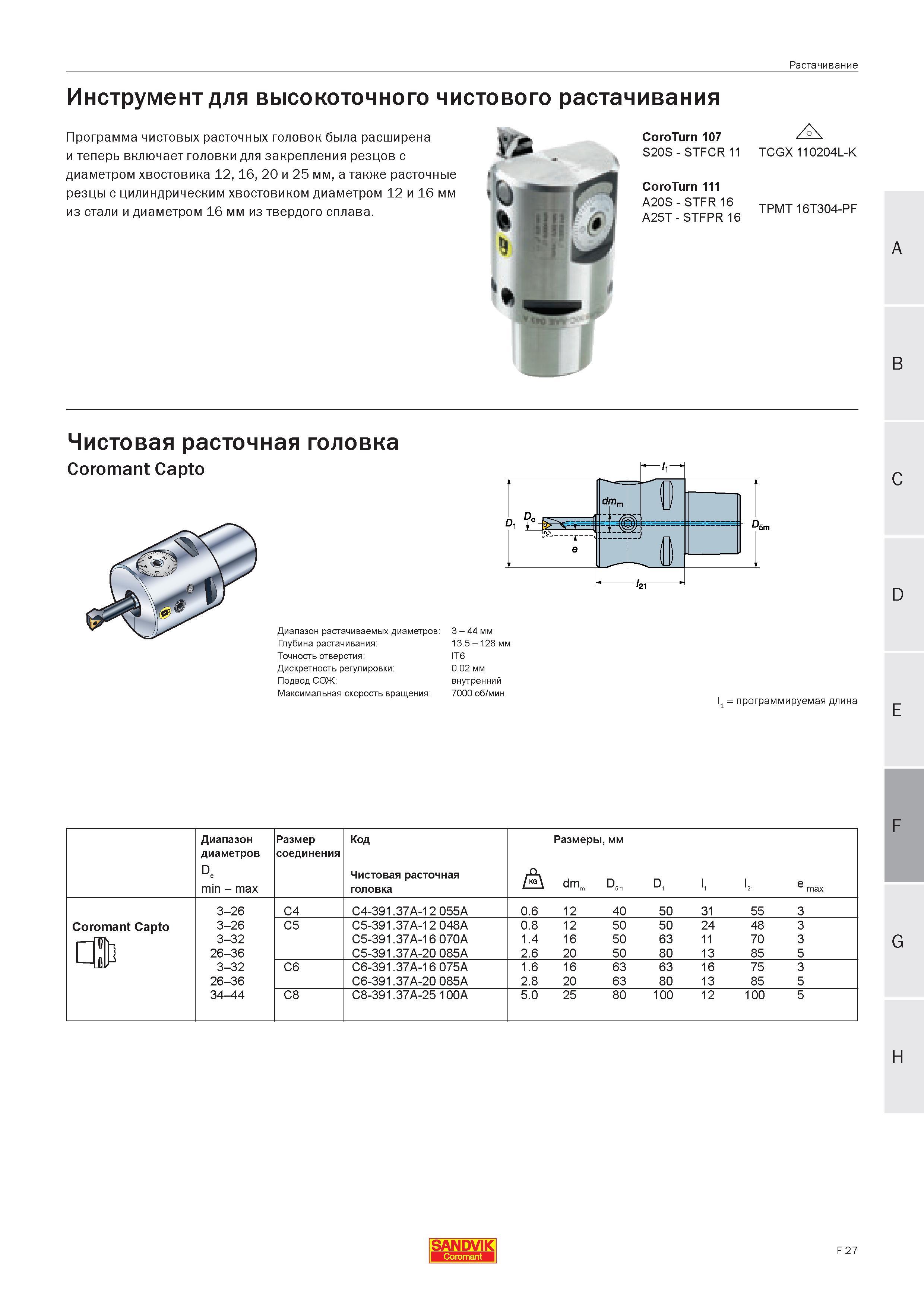 430 Инструмент Sandvik Coromant для высокоточного чистового растачивания Программа чистовых расточных головок была расширена и теперь включает головк Руководство SANDVIK COROMANT 2005 по современной обработке металлов резанием на металлорежущих станках и центрах с ЧПУ Стр. F27