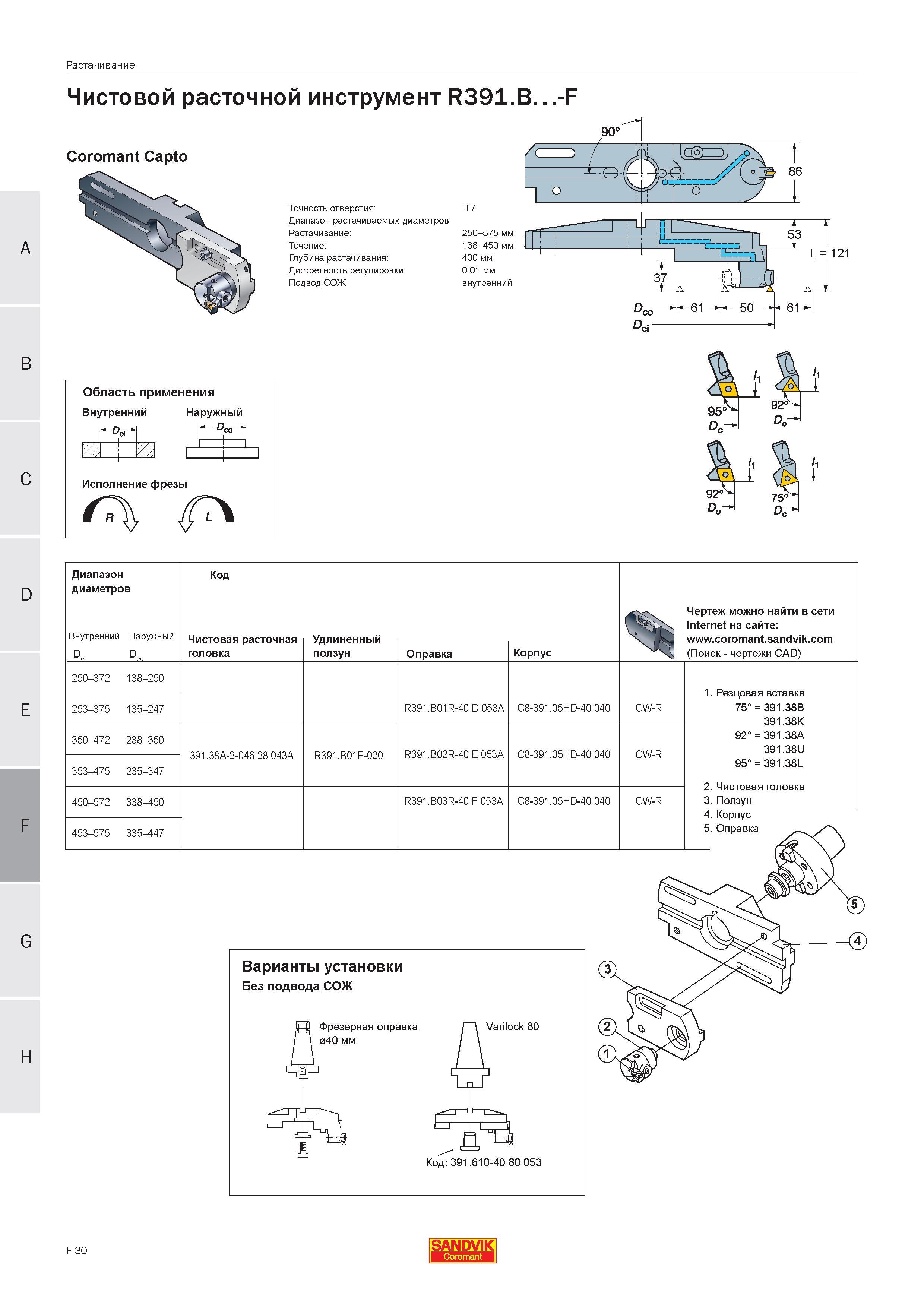 433 Чистовой расточной инструмент Sandvik R391 B -F Coromant Capto Точность отверстия IT7 Диапазон растачиваемых диаметров Растачивание 250-575 мм То Руководство SANDVIK COROMANT 2005 по современной обработке металлов резанием на металлорежущих станках и центрах с ЧПУ Стр. F30