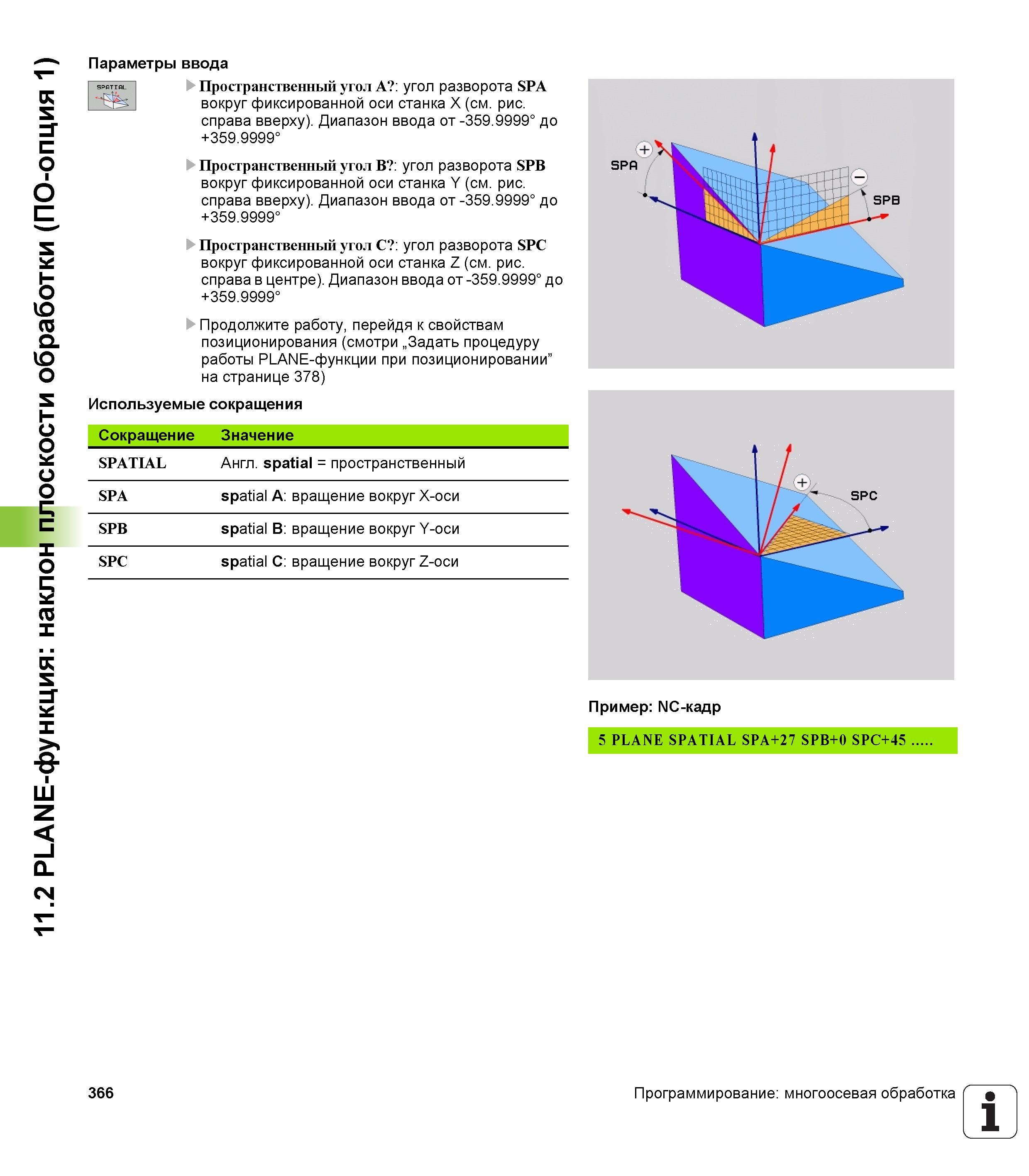 366 Используемые сокращения Значение SPATIAL Англ spatial = пространственный SPA spatial A вращение вокруг X-оси SPB spatial B вращение вокруг Y-оси SP Руководство пользователя HEIDENHAIN TNC 620 Программирование открытым текстом систем числового программного управления станочного оборудования 2012 Стр. 366