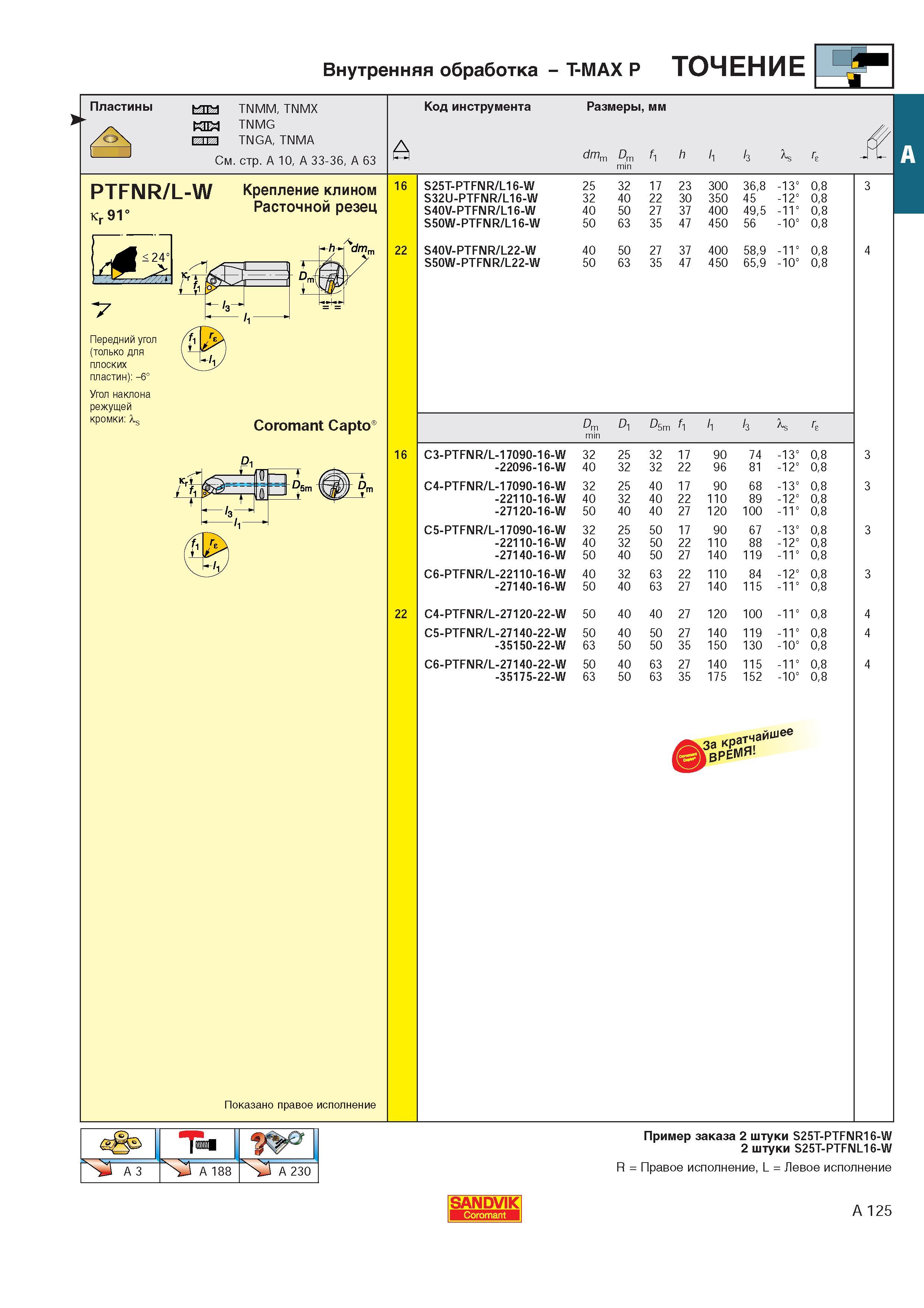 133 Внутренняя обработка T-MAX P Пластины TNMM TNMX TNMG TNGA TNMA См стр A 10 A 33-36 A 63 dmm Dm min f1 h l1 k 16 S25T-PTFNR/L16-W 25 32 17 23 300 368 - Каталог SANDVIK COROMANT 2000 Токарный инструмент для металлорежущих станков Точение Отрезка Нарезание резьбы Сверление Оснастка Стр. A125