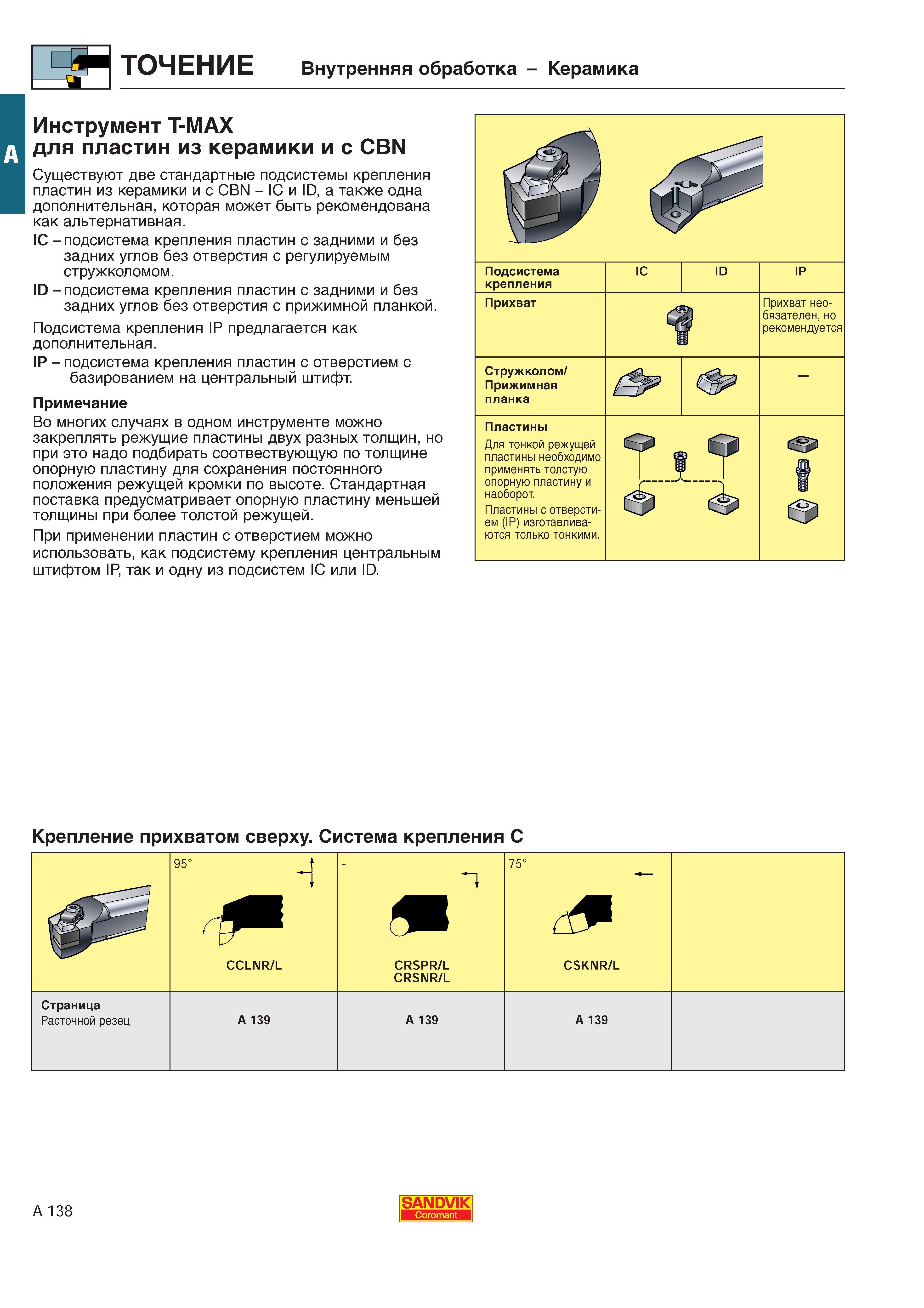 146 Токарный металлорежущий инструмент Sandvik Т-МАХ для пластин из керамики и с CBN Существуют две стандартные подсистемы крепления СРП из керамики и с C Каталог SANDVIK COROMANT 2000 Токарный инструмент для металлорежущих станков Точение Отрезка Нарезание резьбы Сверление Оснастка Стр. A138