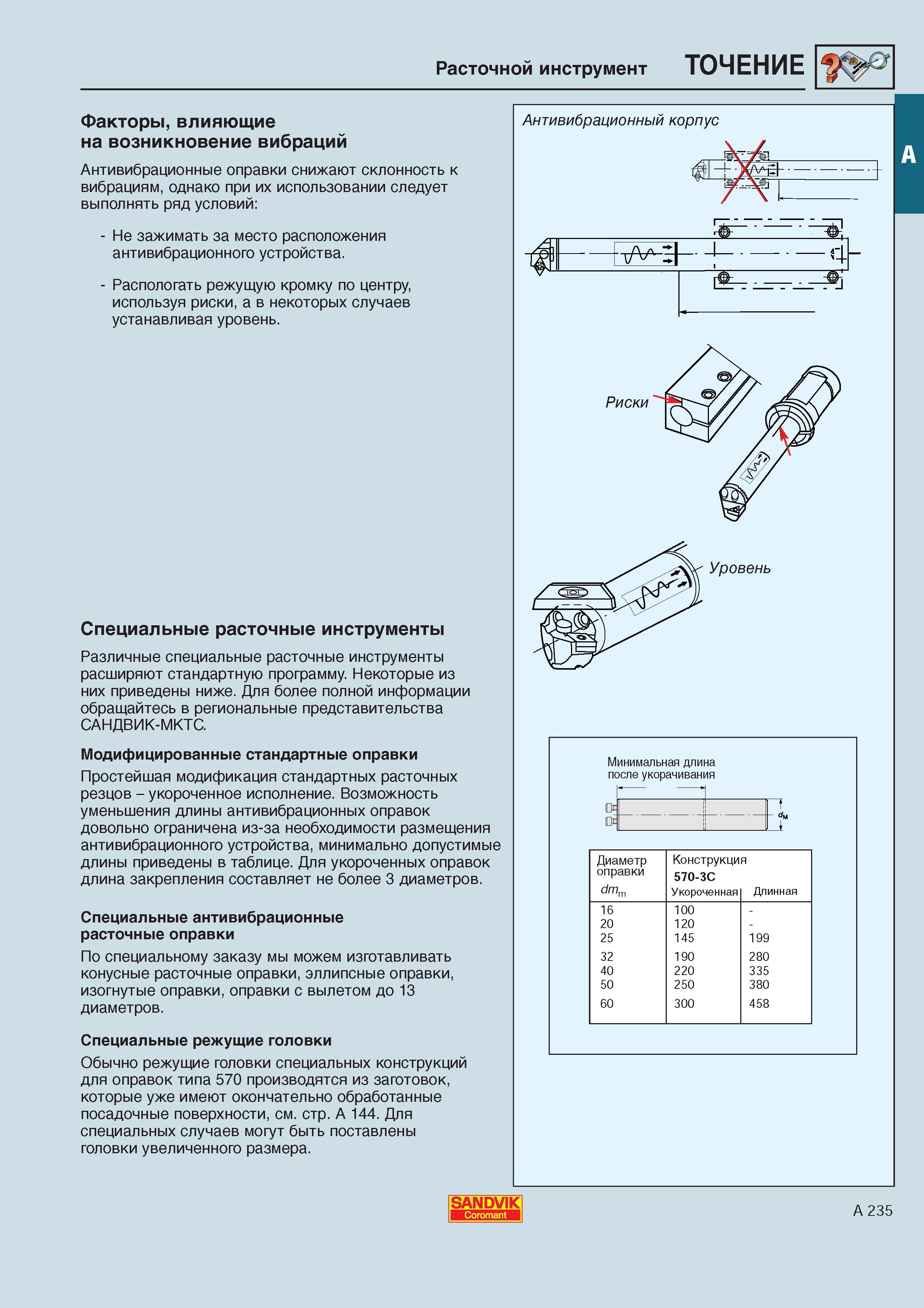 242 Антивибрационные расточные токарные оправки снижают склонность к вибрациям Однако при их использовании на станках следует выполнять ряд условий Каталог SANDVIK COROMANT 2000 Токарный инструмент для металлорежущих станков Точение Отрезка Нарезание резьбы Сверление Оснастка Стр. A235
