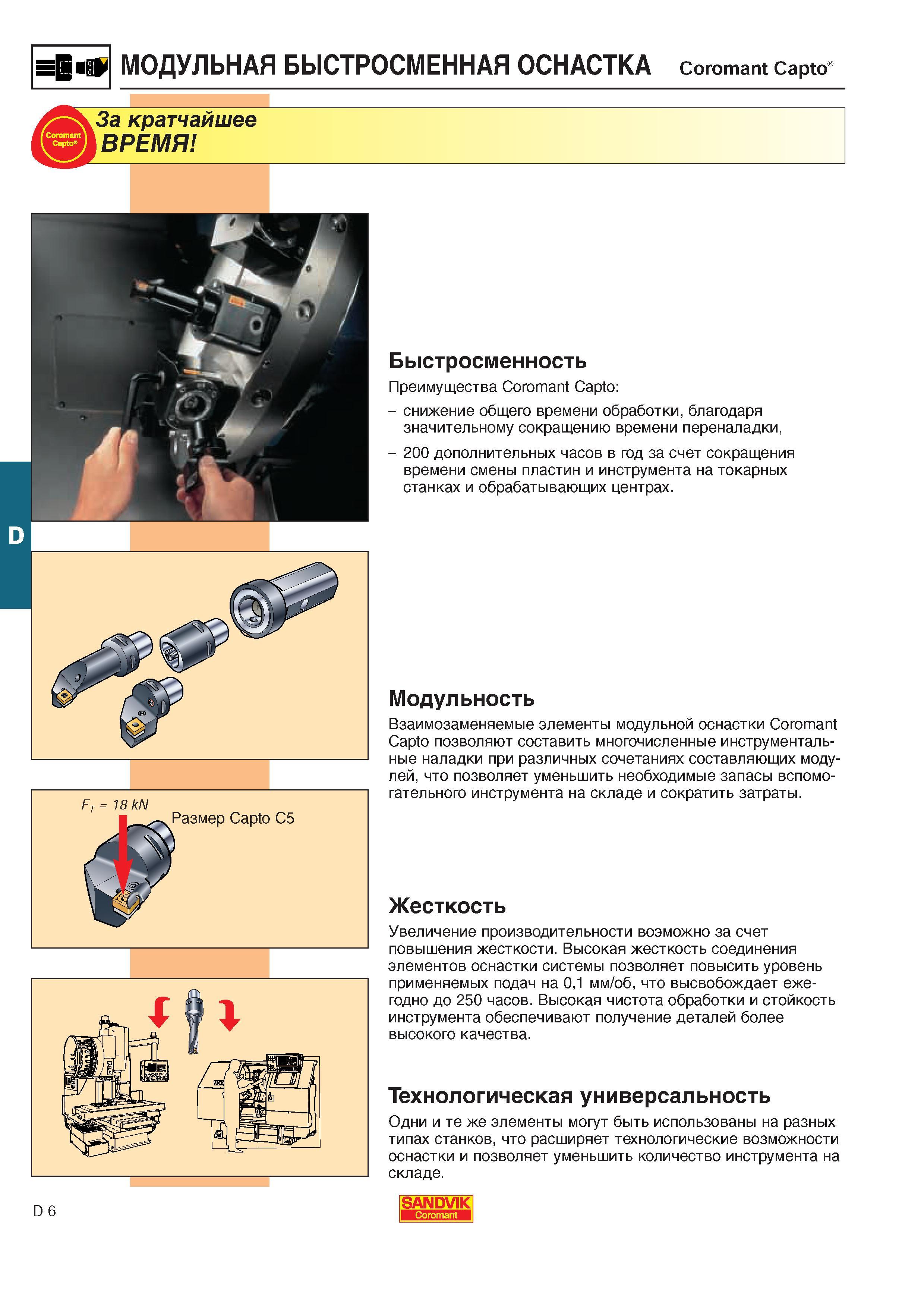 411 Главные преимущества зажимной универсальной оснастки Сандвик Coromant Capto Снижение общего времени обработки благодаря значительному сокращению време Каталог SANDVIK COROMANT 2000 Токарный инструмент для металлорежущих станков Точение Отрезка Нарезание резьбы Сверление Оснастка Стр. D6