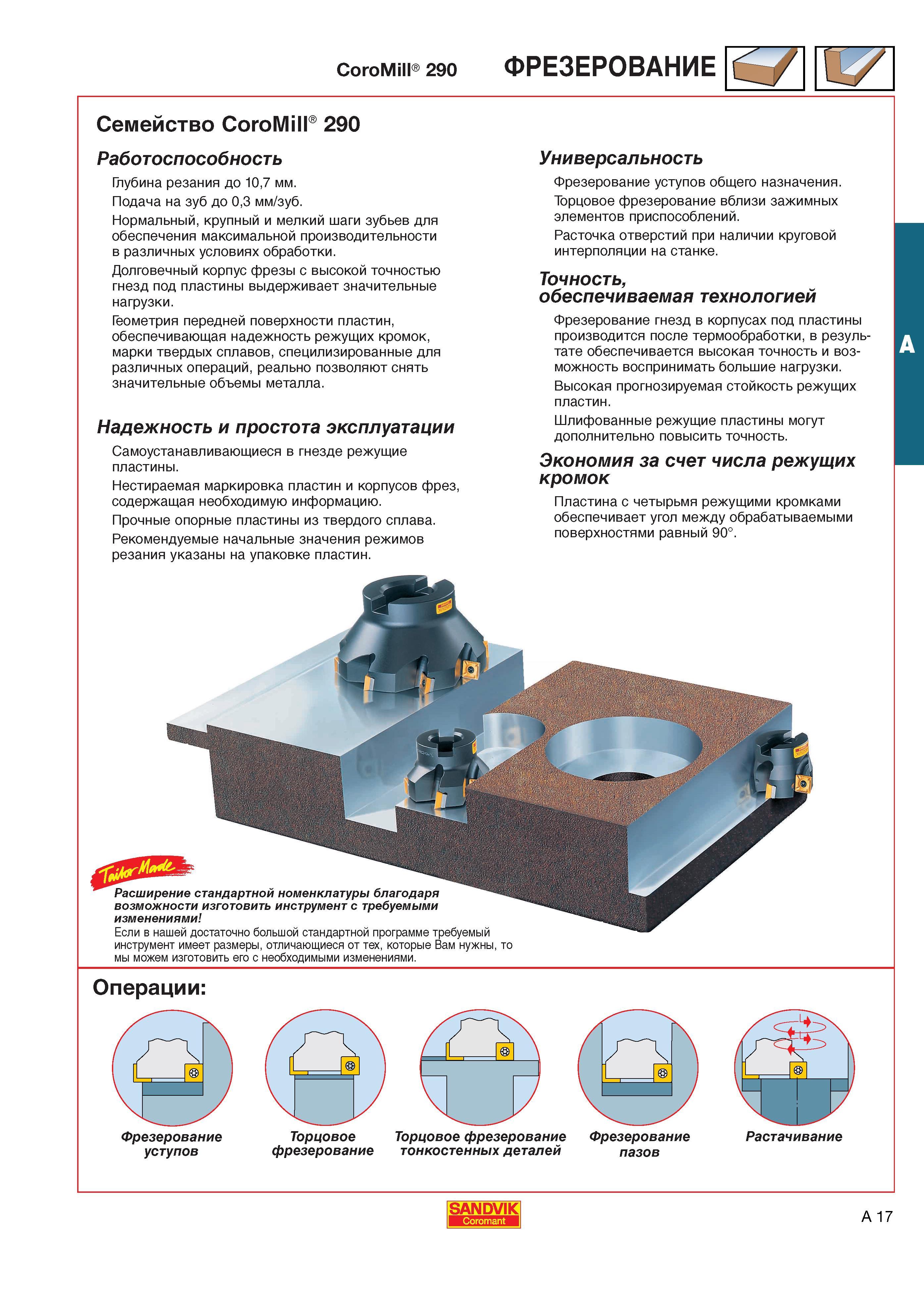 25 Фрезерный инструмент Sandvik Coromant с режущими сменными пластинами Семейство фрез CoroMill 290 Основные характеристики шведского инструмента Р Каталог SANDVIK COROMANT 2001 Вращающиеся инструменты для фрезерования сверления растачивания Инструментальная оснастка для станков Стр. A17
