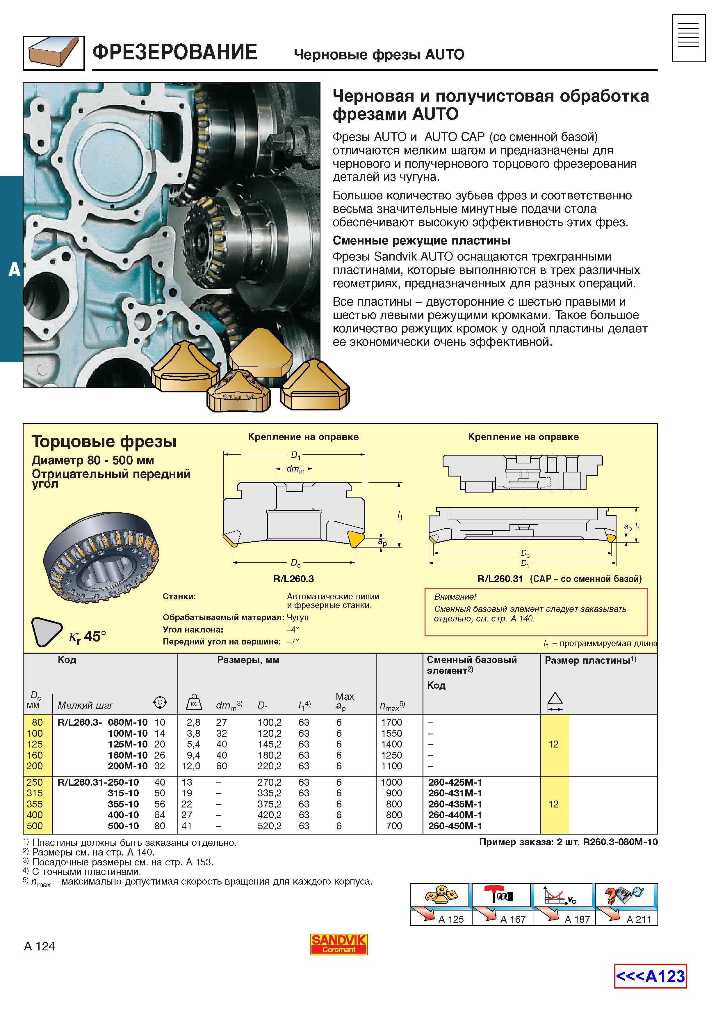 132 Фрезы Sandvik Coromant AUTO и AUTO САР (со сменной базой) отличаются мелким шагом режущих зубьев и предназначены для чернового и получернового т Каталог SANDVIK COROMANT 2001 Вращающиеся инструменты для фрезерования сверления растачивания Инструментальная оснастка для станков Стр. A124