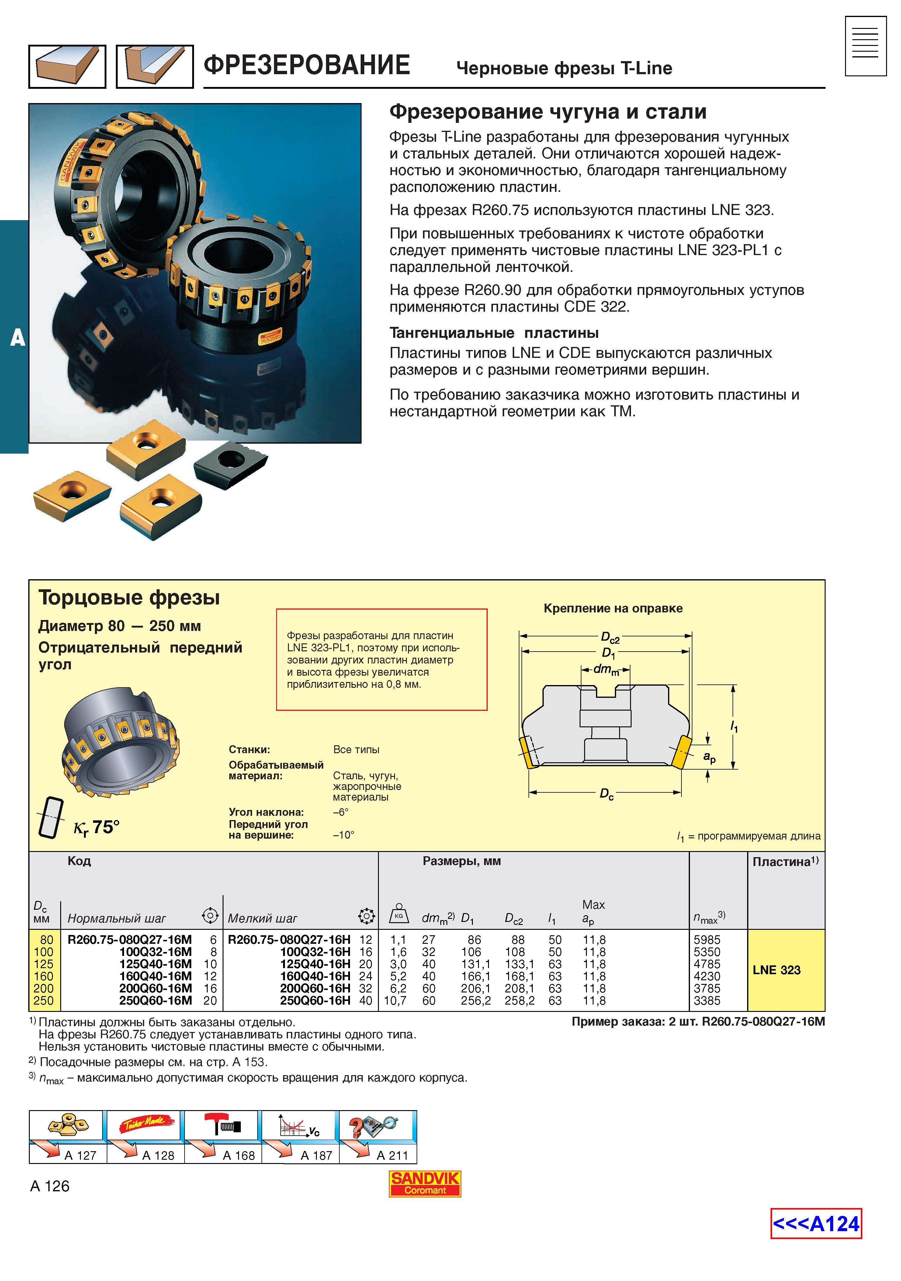 134 Насадные фрезы Sandvik Coromant T-Line с тангенциальным креплением сменных режущих пластин разработаны для фрезерования чугунных и стальных дета Каталог SANDVIK COROMANT 2001 Вращающиеся инструменты для фрезерования сверления растачивания Инструментальная оснастка для станков Стр. A126