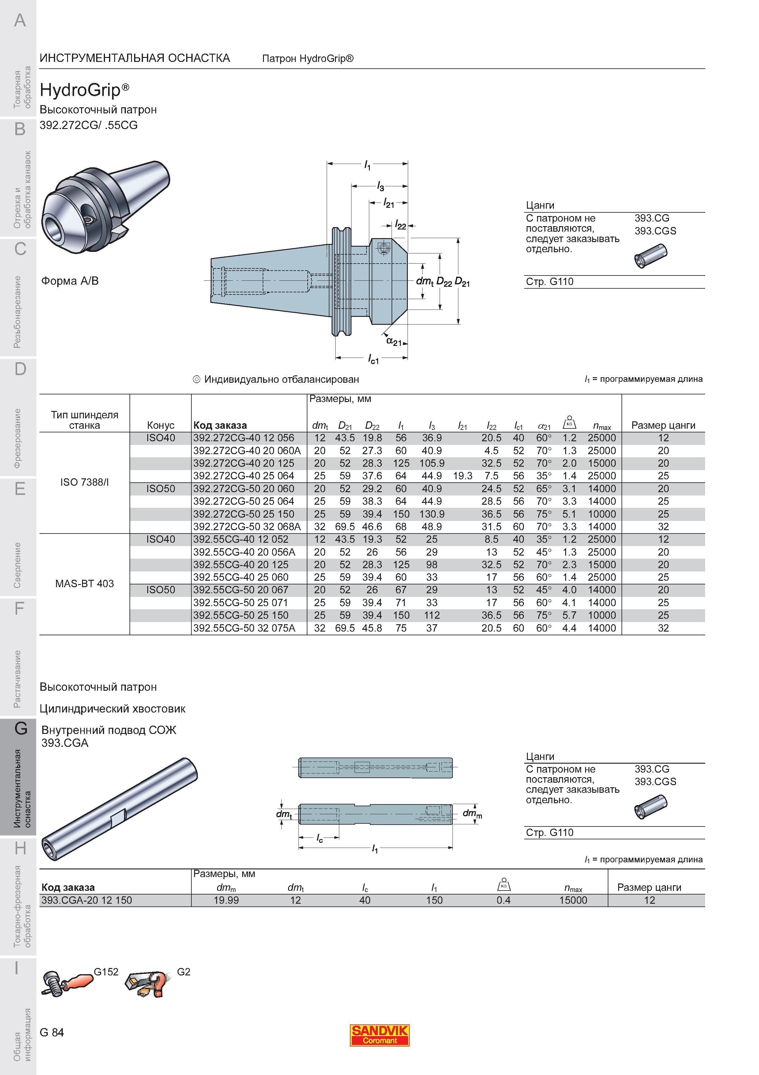 1022 Высокоточный патрон Sandvik Coromant HydroGrip 392 272CG 55CG Форма A B Индивидуально отбалансирован Цанги С патроном не 393 CG поставляютс Каталог SANDVIK COROMANT 2008 Режущий инструмент и оснастка для обработки на станках Стр. G84