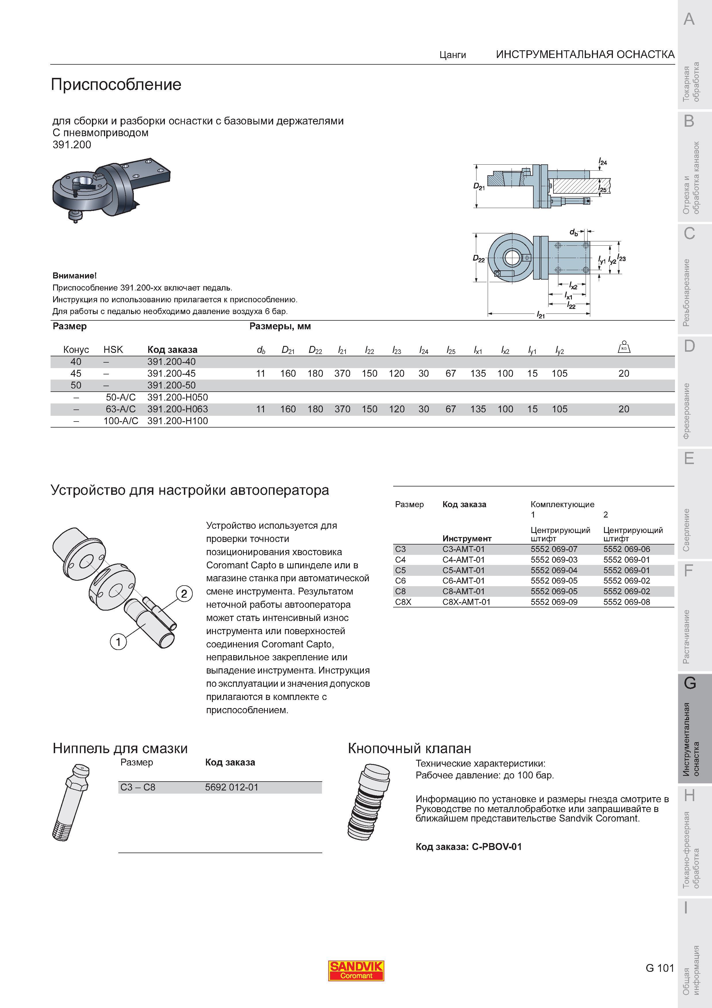 1039 Приспособление Sandvik для сборки и разборки оснастки с базовыми держателями С пневмоприводом 391 200 Внимание Приспособление 391 200-xx вк Каталог SANDVIK COROMANT 2008 Режущий инструмент и оснастка для обработки на станках Стр. G101