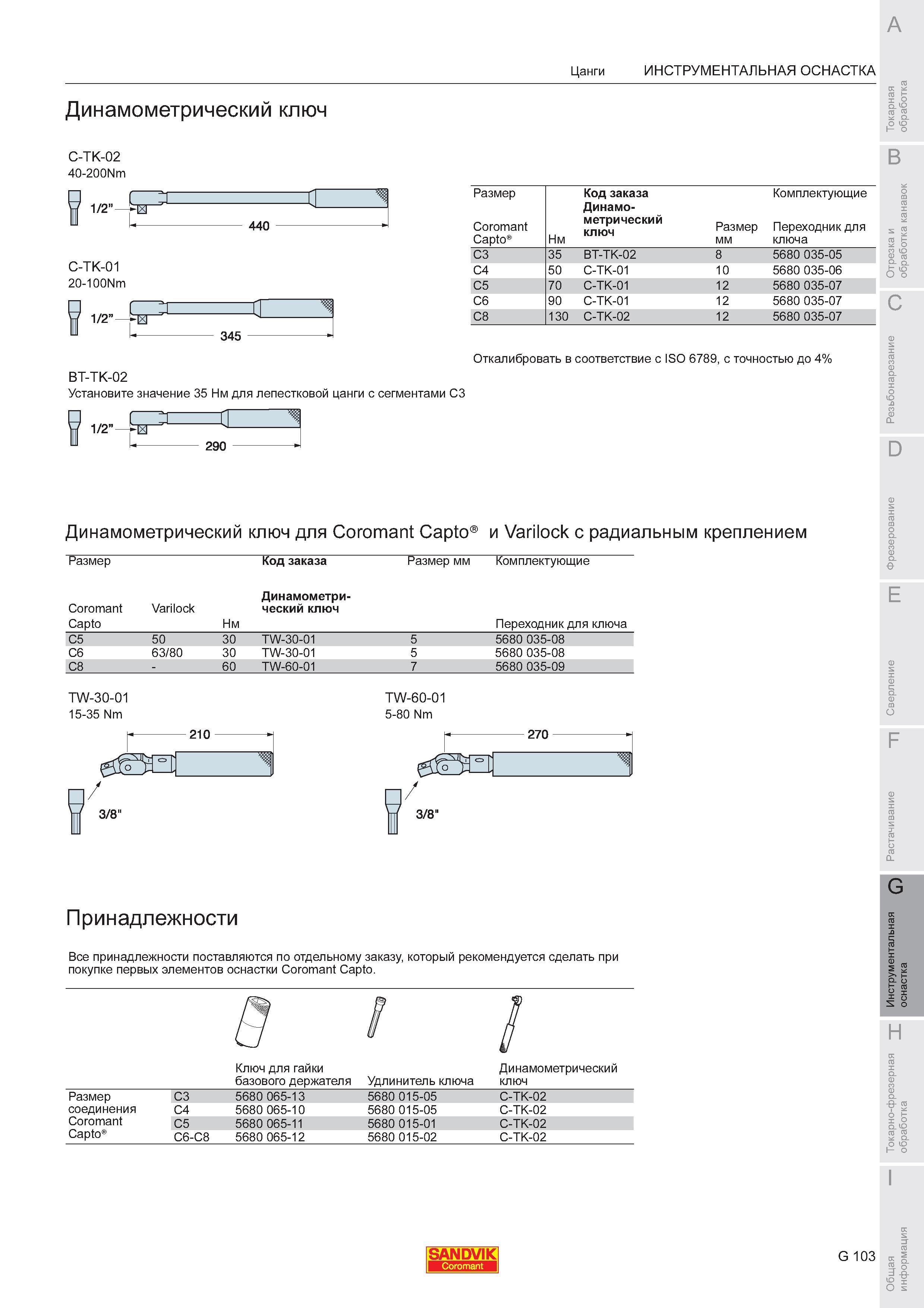 1041 Динамометрический ключ от Sandvik Coromant C-TK-02 40-200Nm 1 2 C-TK-01 20-100Nm Размер Coromant Capto Нм Код заказа Динамометрический ключ Каталог SANDVIK COROMANT 2008 Режущий инструмент и оснастка для обработки на станках Стр. G103