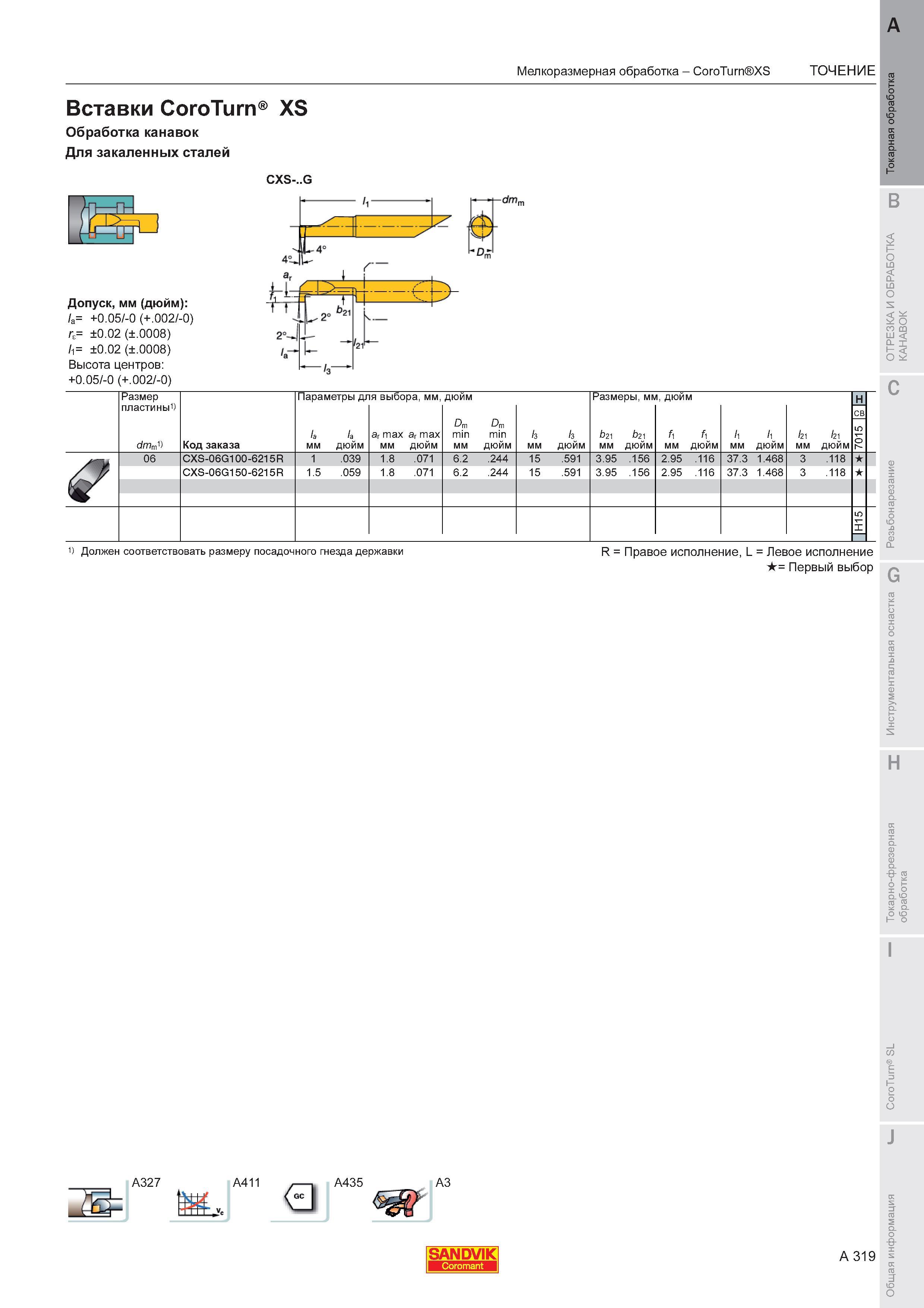323 Вставки Sandvik Coromant CoroTurn XS Обработка канавок Для закаленных сталей CXS- G Допуск мм (дюйм) а +0 05 -0 (+ 002 -0) r 0 02 ( 0008) 1 0 02 ( Каталог SANDVIK COROMANT 2011 Токарный инструмент и инструментальная оснастка для металлорежущих станков и обрабатывающих центров с ЧПУ Стр. A319