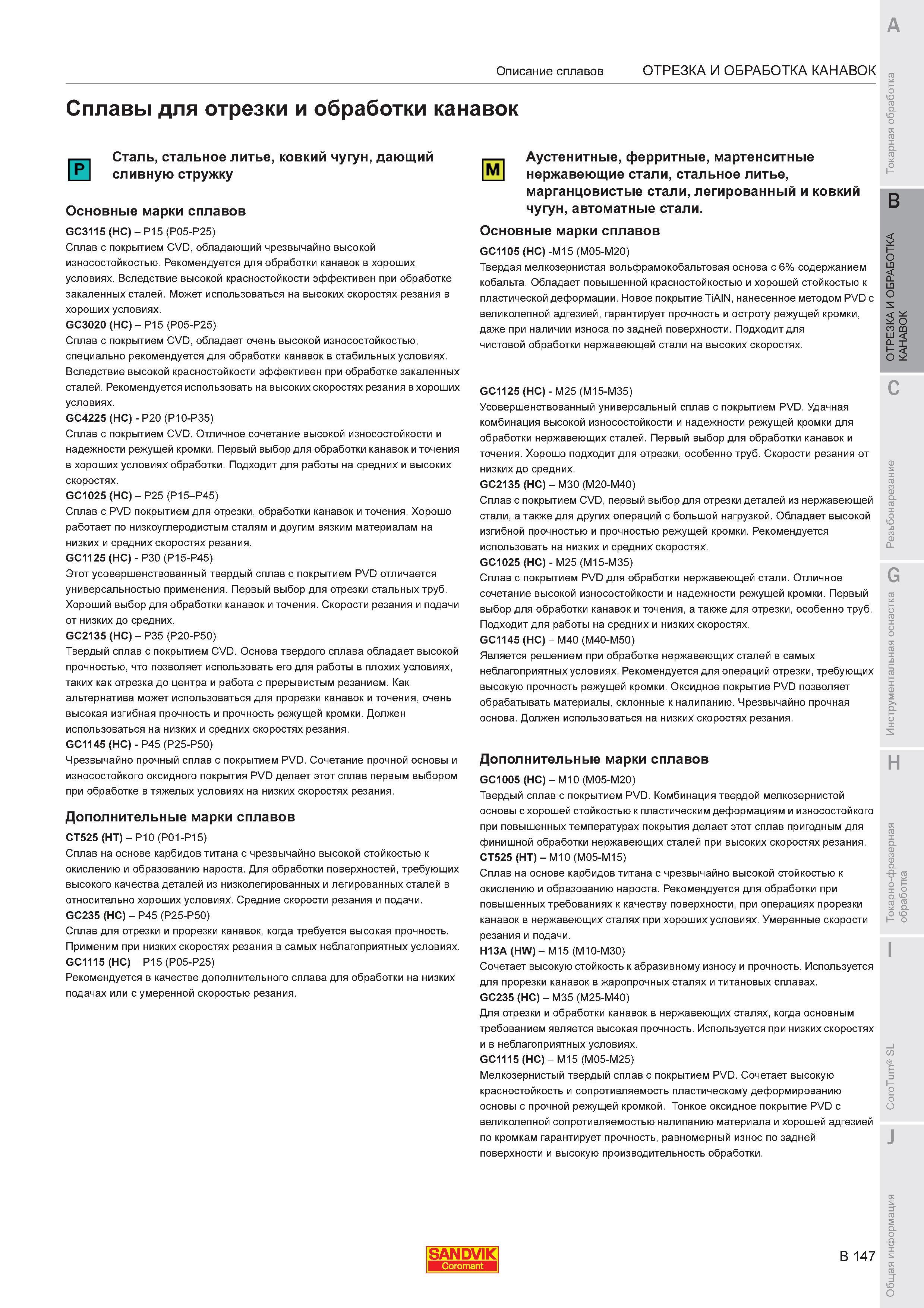 589 Описание твердых сплавов Sandvik для технологических операций Токарная отрезка и обработка канавок GC3115 (HC) P15 (P05-P25) Сплав с покрытием CVD Каталог SANDVIK COROMANT 2011 Токарный инструмент и инструментальная оснастка для металлорежущих станков и обрабатывающих центров с ЧПУ Стр. B147