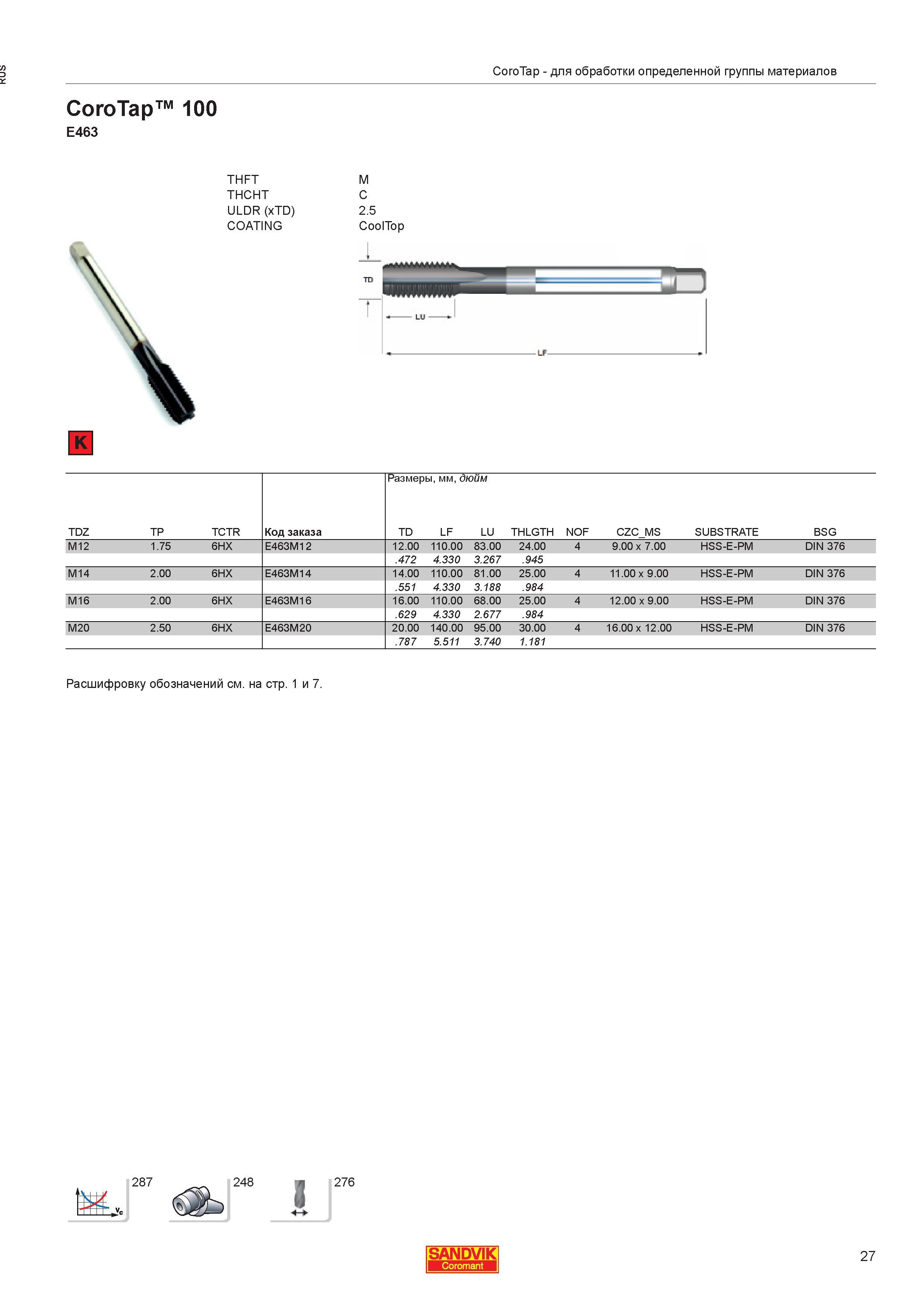 29  Каталог SANDVIK COROMANT 2013 Метчики и инструментальная оснастка для резьбонарезания внутренней резьбы в отверстиях Стр. 27