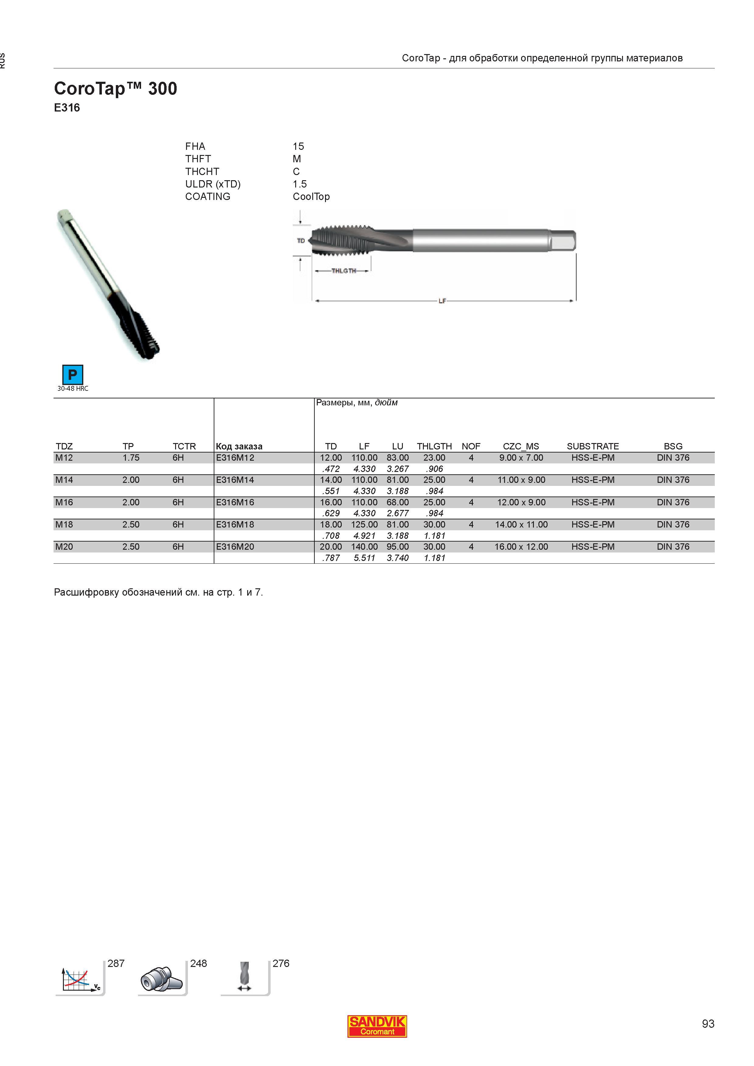 95  Каталог SANDVIK COROMANT 2013 Метчики и инструментальная оснастка для резьбонарезания внутренней резьбы в отверстиях Стр. 93