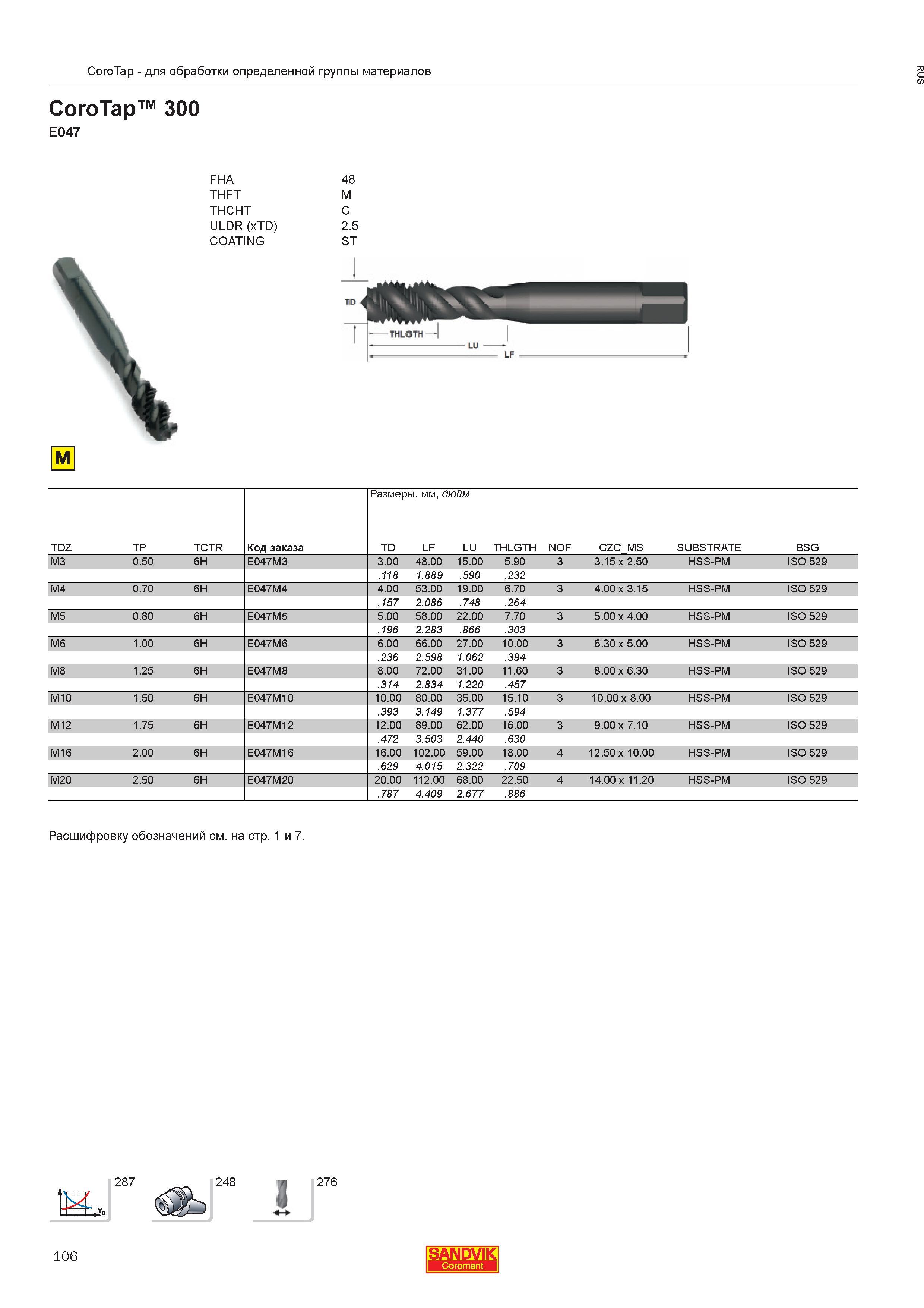 108  Каталог SANDVIK COROMANT 2013 Метчики и инструментальная оснастка для резьбонарезания внутренней резьбы в отверстиях Стр. 106