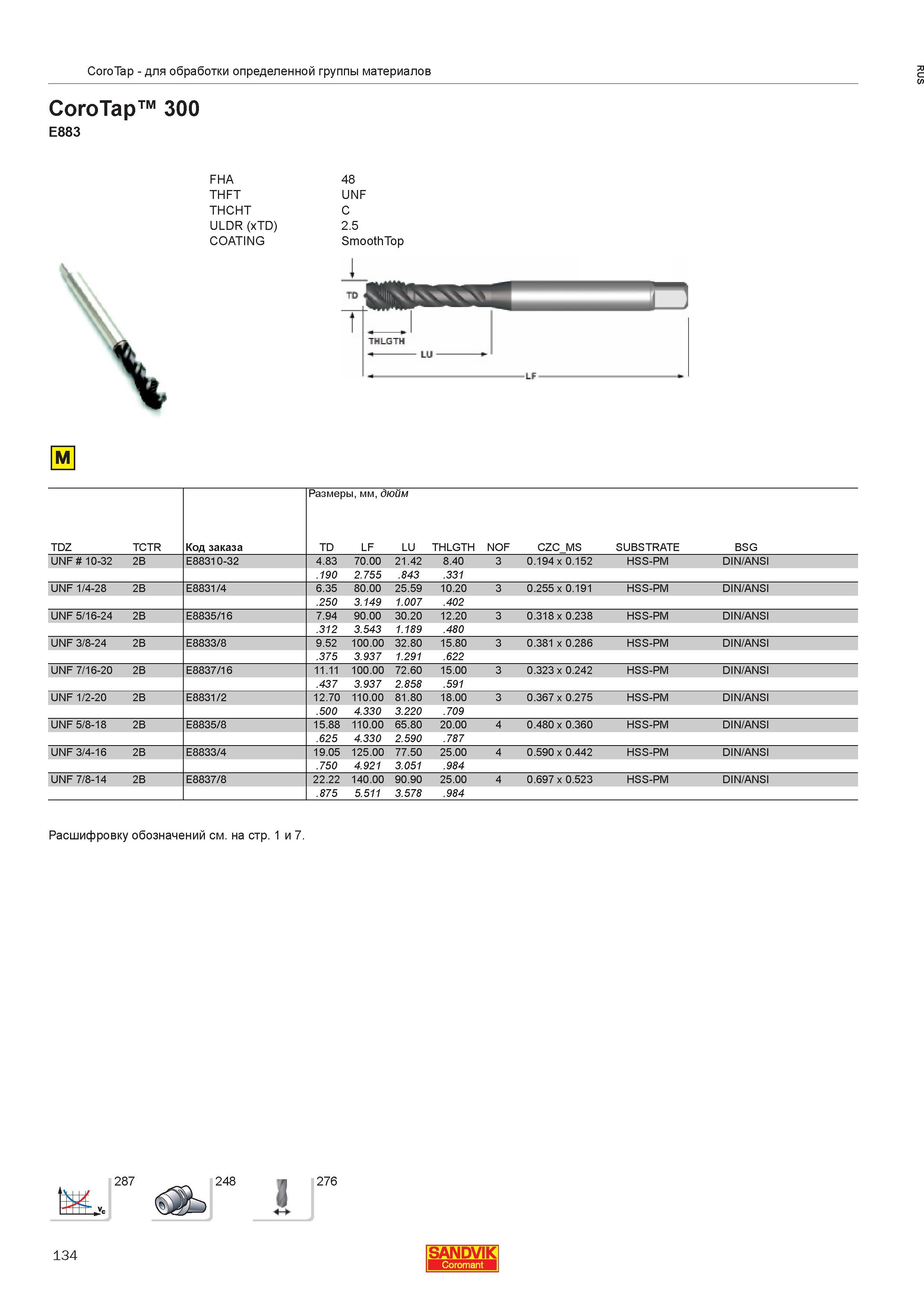 136  Каталог SANDVIK COROMANT 2013 Метчики и инструментальная оснастка для резьбонарезания внутренней резьбы в отверстиях Стр. 134