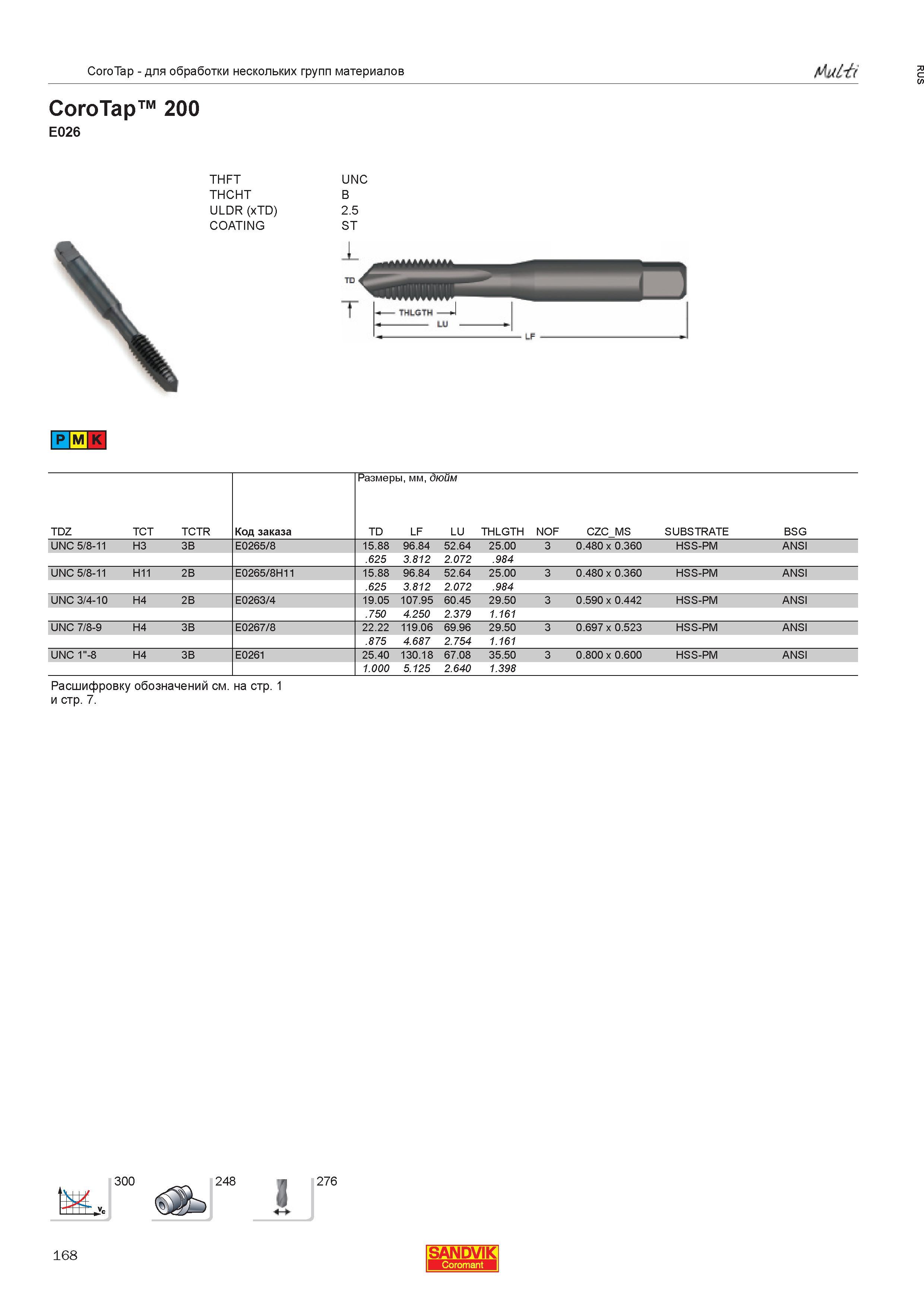 170  Каталог SANDVIK COROMANT 2013 Метчики и инструментальная оснастка для резьбонарезания внутренней резьбы в отверстиях Стр. 168