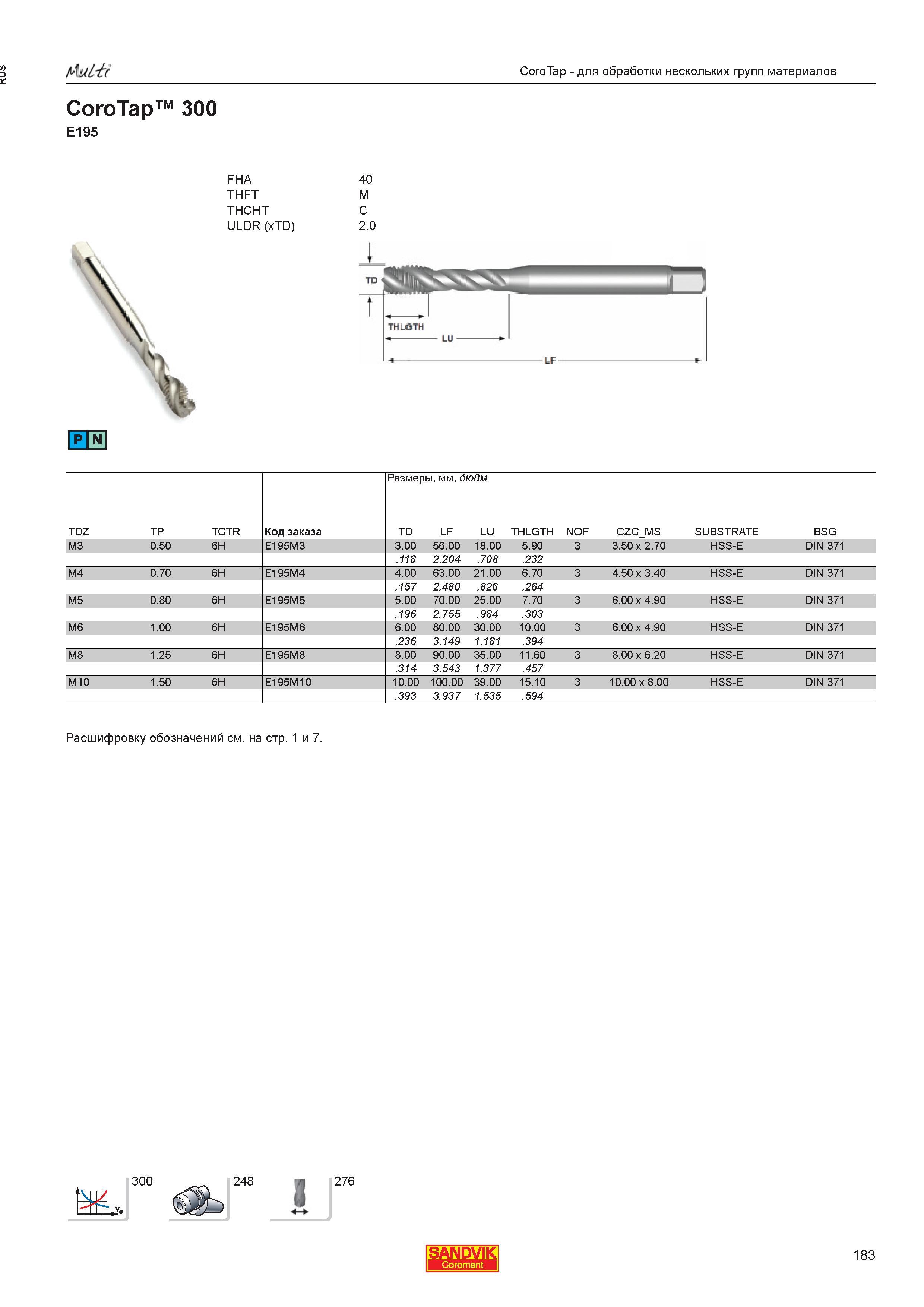 185  Каталог SANDVIK COROMANT 2013 Метчики и инструментальная оснастка для резьбонарезания внутренней резьбы в отверстиях Стр. 183