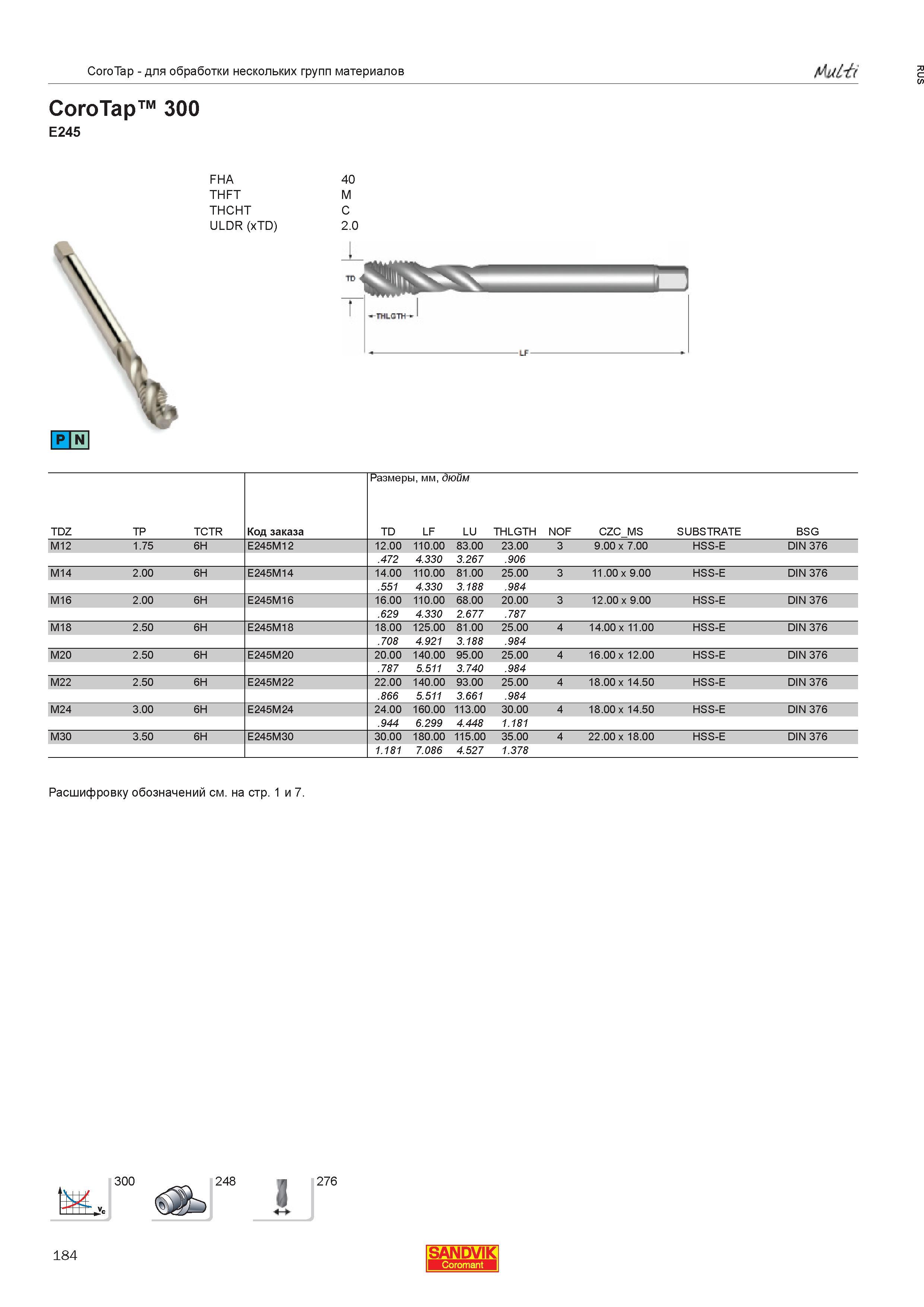 186  Каталог SANDVIK COROMANT 2013 Метчики и инструментальная оснастка для резьбонарезания внутренней резьбы в отверстиях Стр. 184