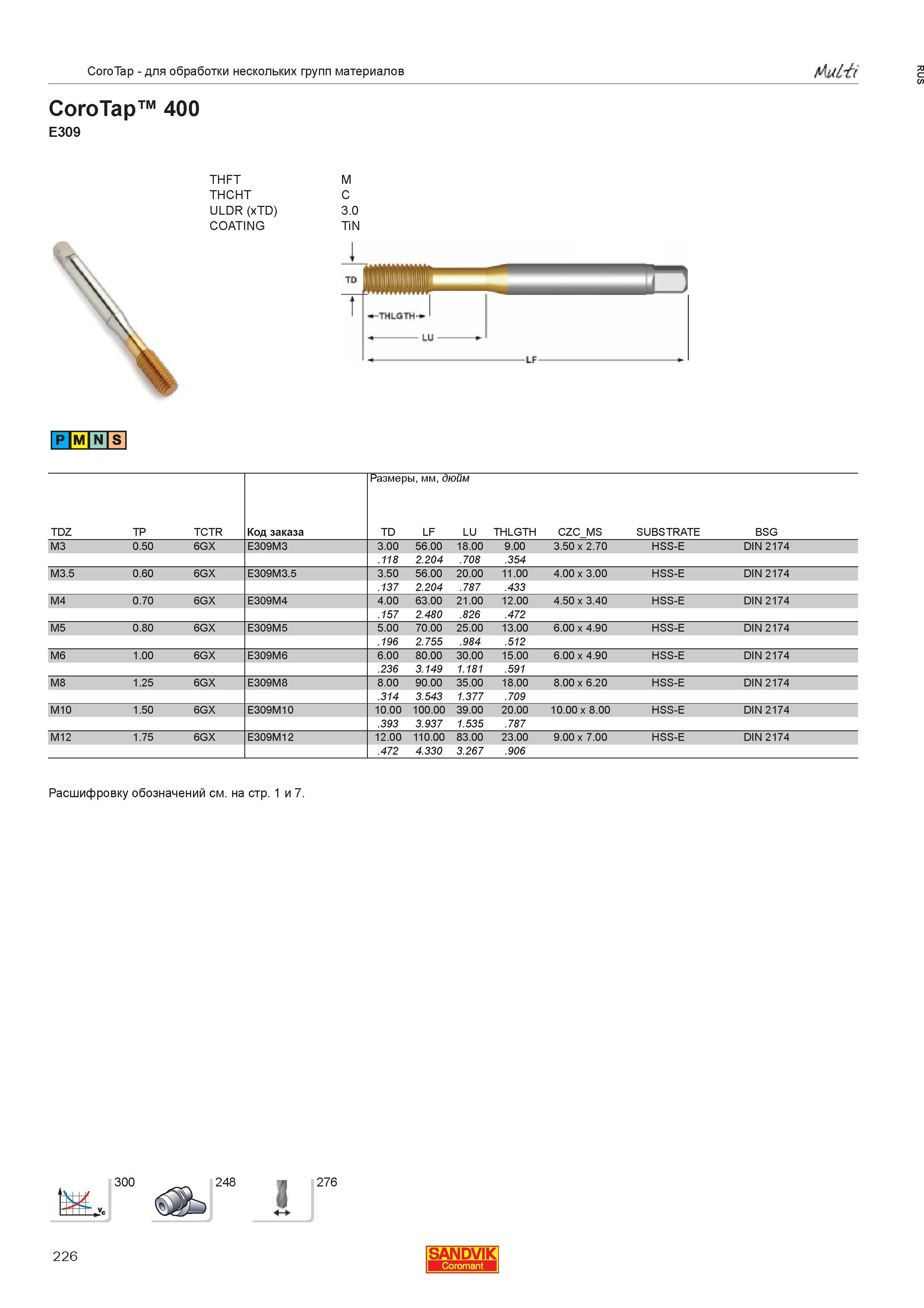 228  Каталог SANDVIK COROMANT 2013 Метчики и инструментальная оснастка для резьбонарезания внутренней резьбы в отверстиях Стр. 226
