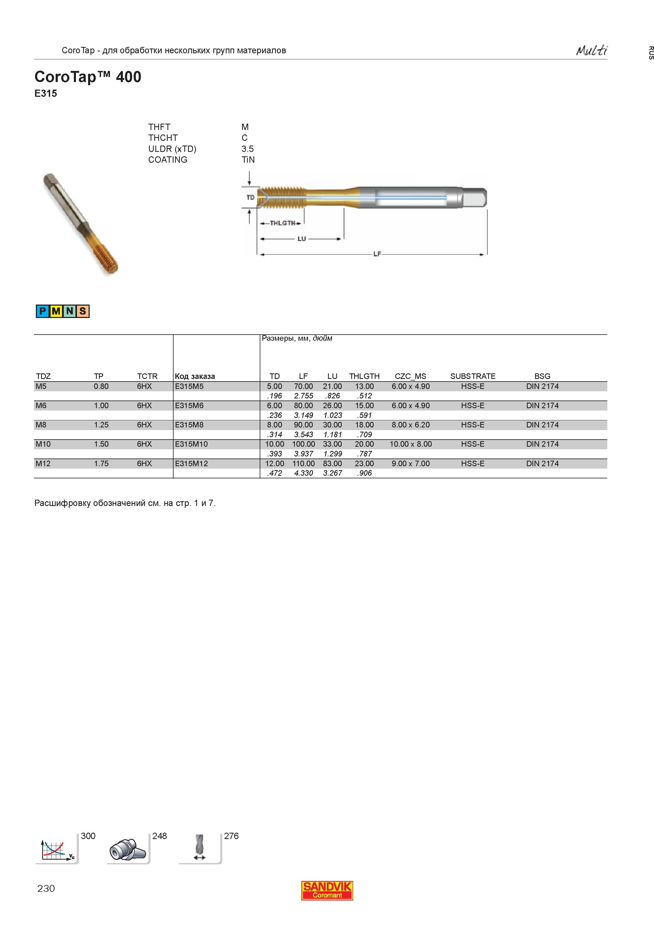 232  Каталог SANDVIK COROMANT 2013 Метчики и инструментальная оснастка для резьбонарезания внутренней резьбы в отверстиях Стр. 230