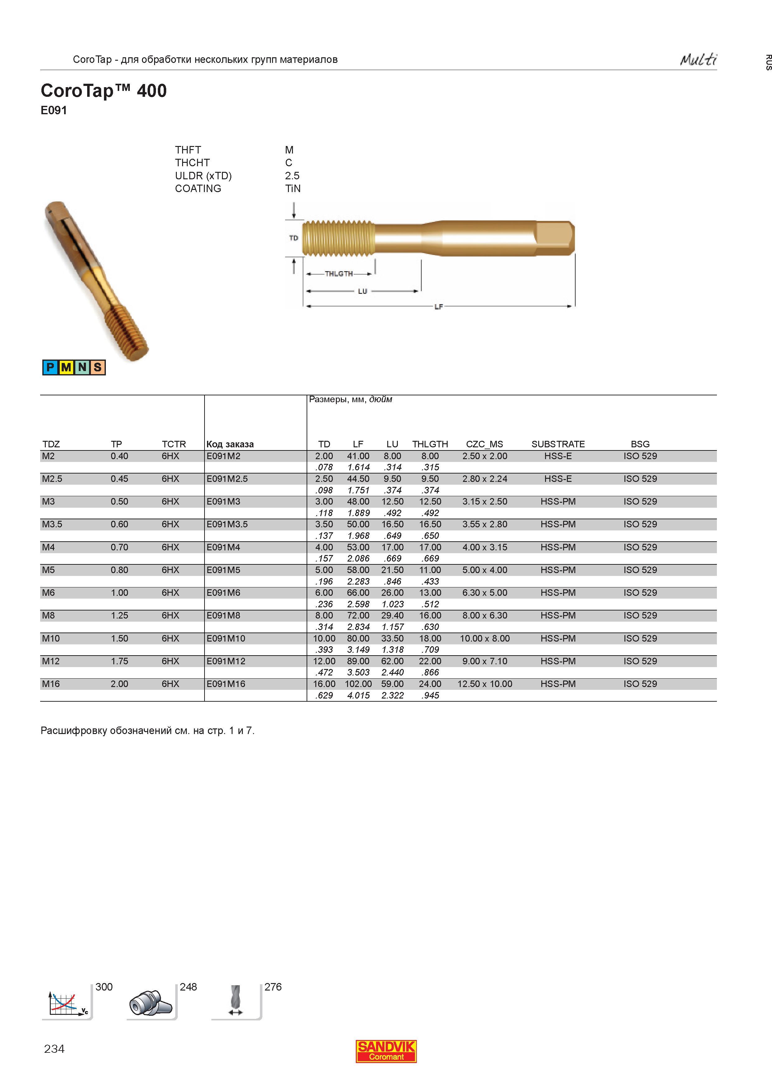 236  Каталог SANDVIK COROMANT 2013 Метчики и инструментальная оснастка для резьбонарезания внутренней резьбы в отверстиях Стр. 234