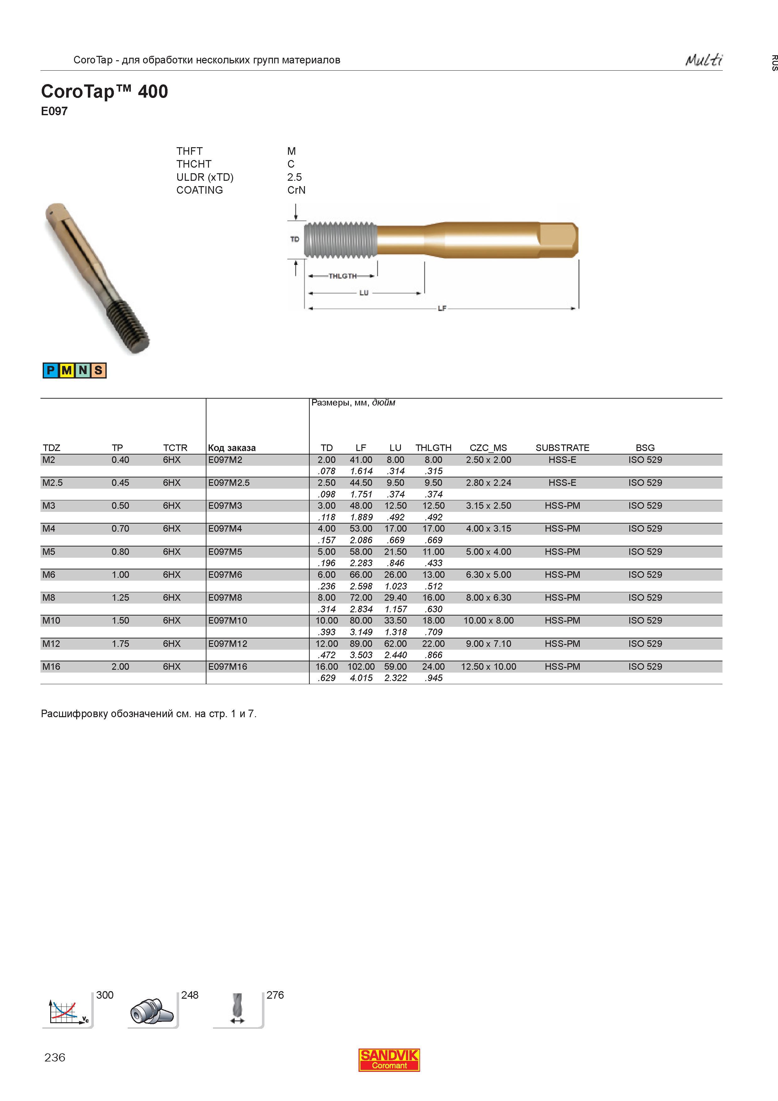 238  Каталог SANDVIK COROMANT 2013 Метчики и инструментальная оснастка для резьбонарезания внутренней резьбы в отверстиях Стр. 236