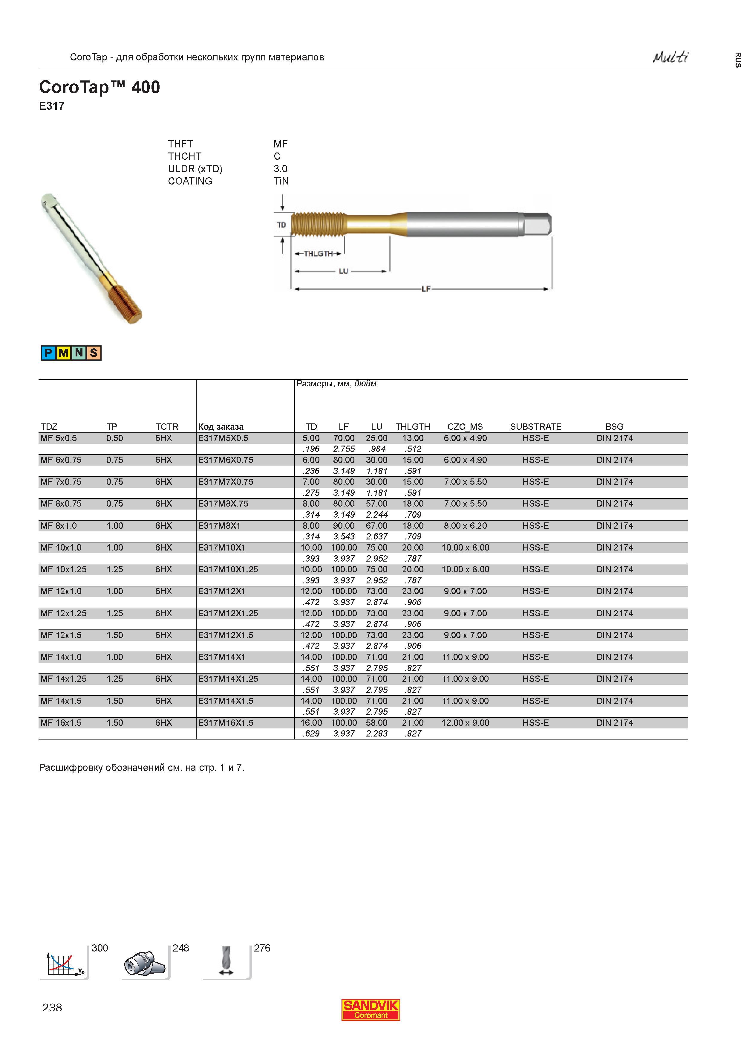 240  Каталог SANDVIK COROMANT 2013 Метчики и инструментальная оснастка для резьбонарезания внутренней резьбы в отверстиях Стр. 238