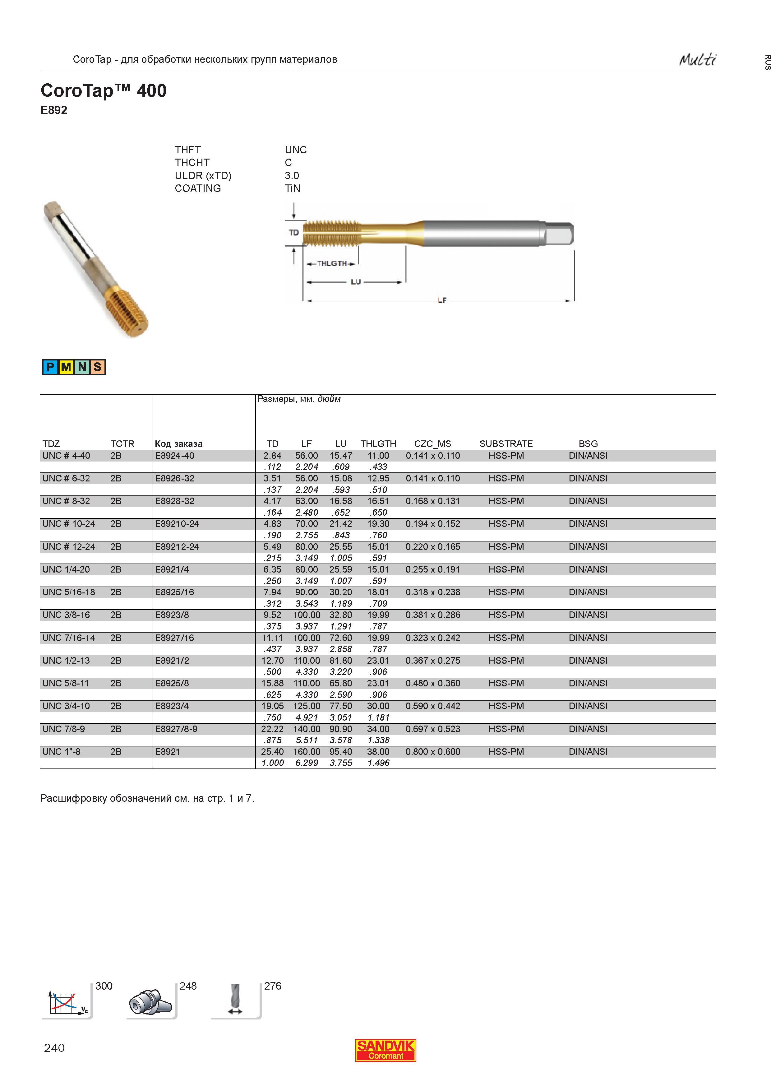 242  Каталог SANDVIK COROMANT 2013 Метчики и инструментальная оснастка для резьбонарезания внутренней резьбы в отверстиях Стр. 240