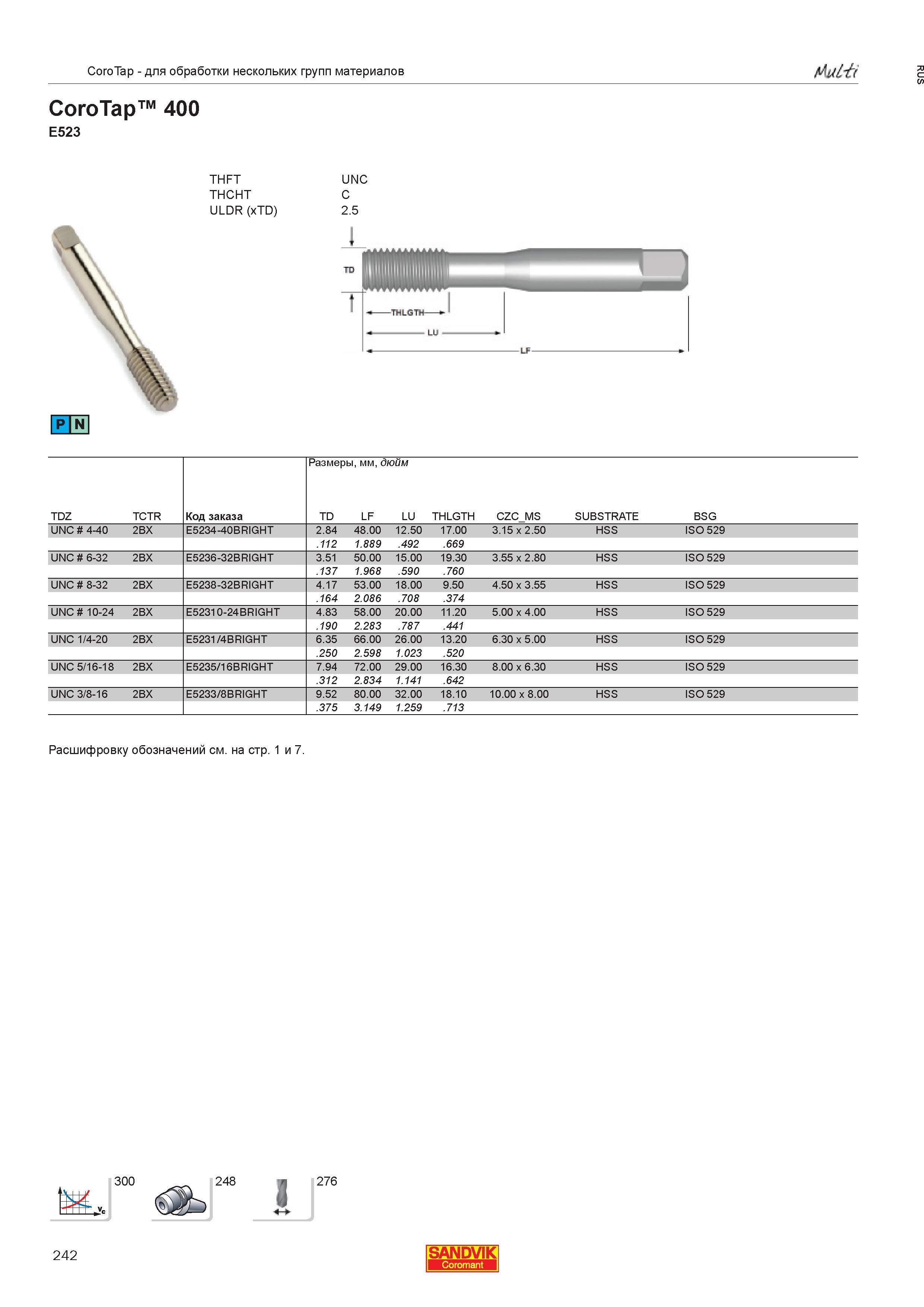 244  Каталог SANDVIK COROMANT 2013 Метчики и инструментальная оснастка для резьбонарезания внутренней резьбы в отверстиях Стр. 242
