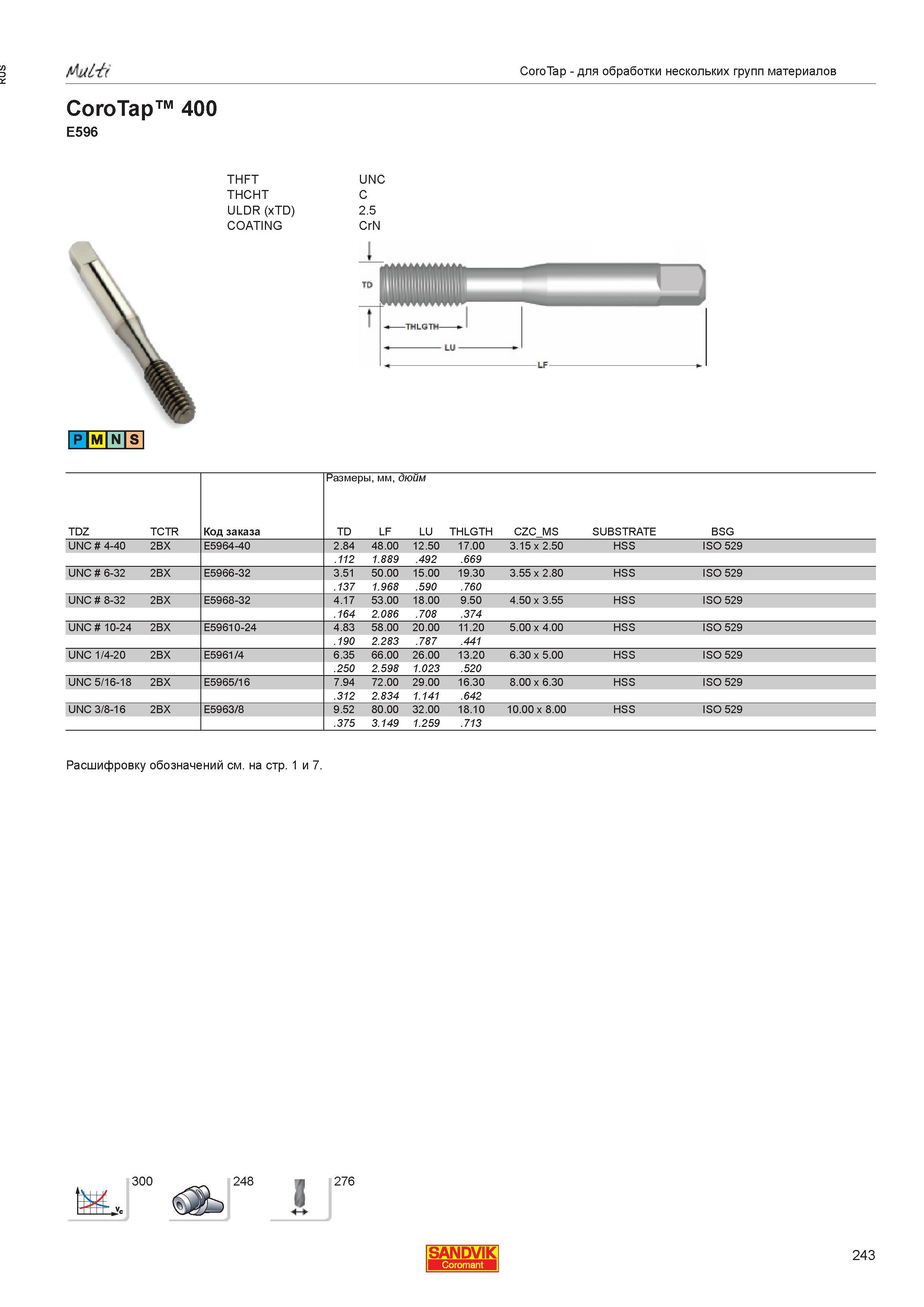 245  Каталог SANDVIK COROMANT 2013 Метчики и инструментальная оснастка для резьбонарезания внутренней резьбы в отверстиях Стр. 243