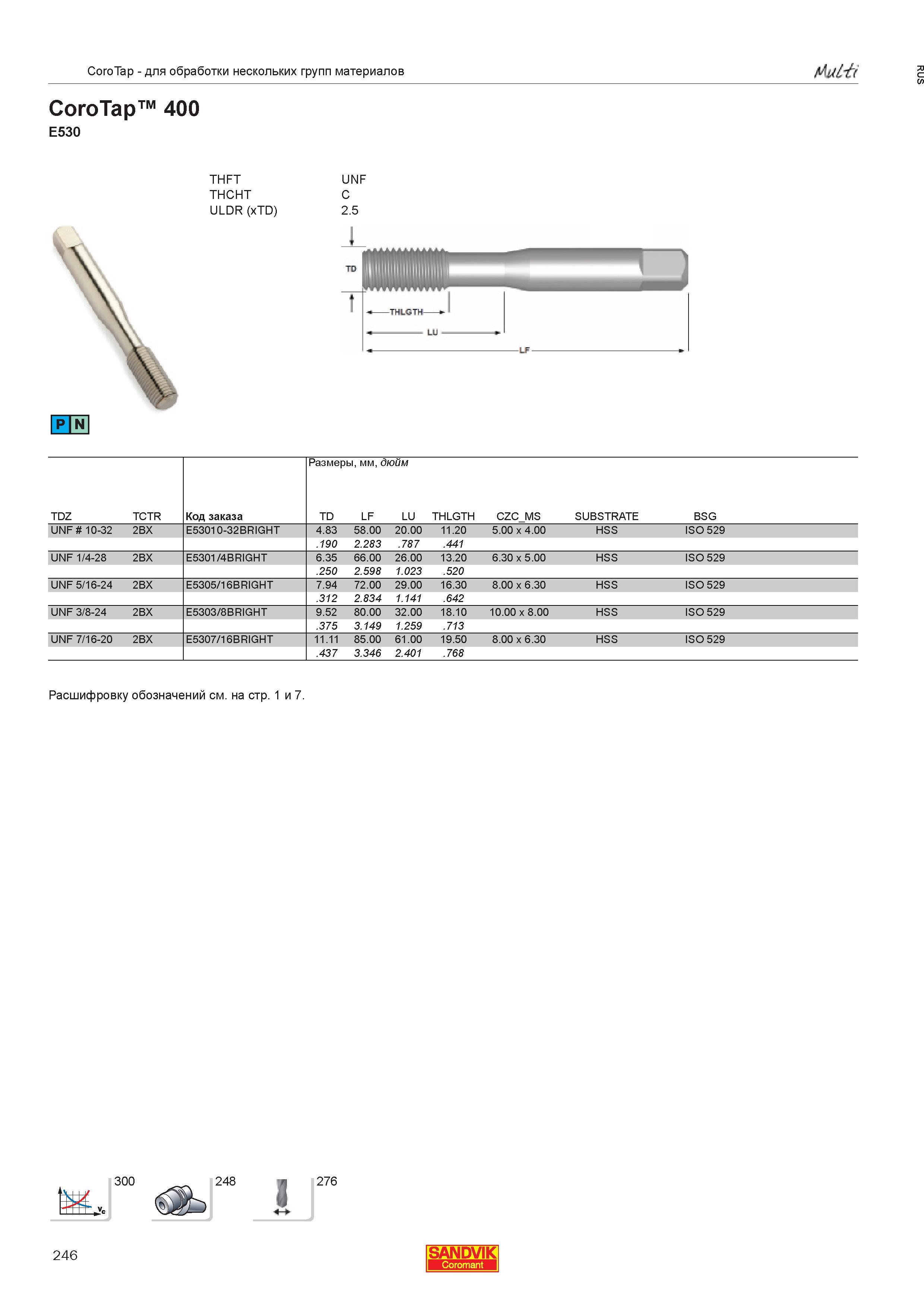 248  Каталог SANDVIK COROMANT 2013 Метчики и инструментальная оснастка для резьбонарезания внутренней резьбы в отверстиях Стр. 246