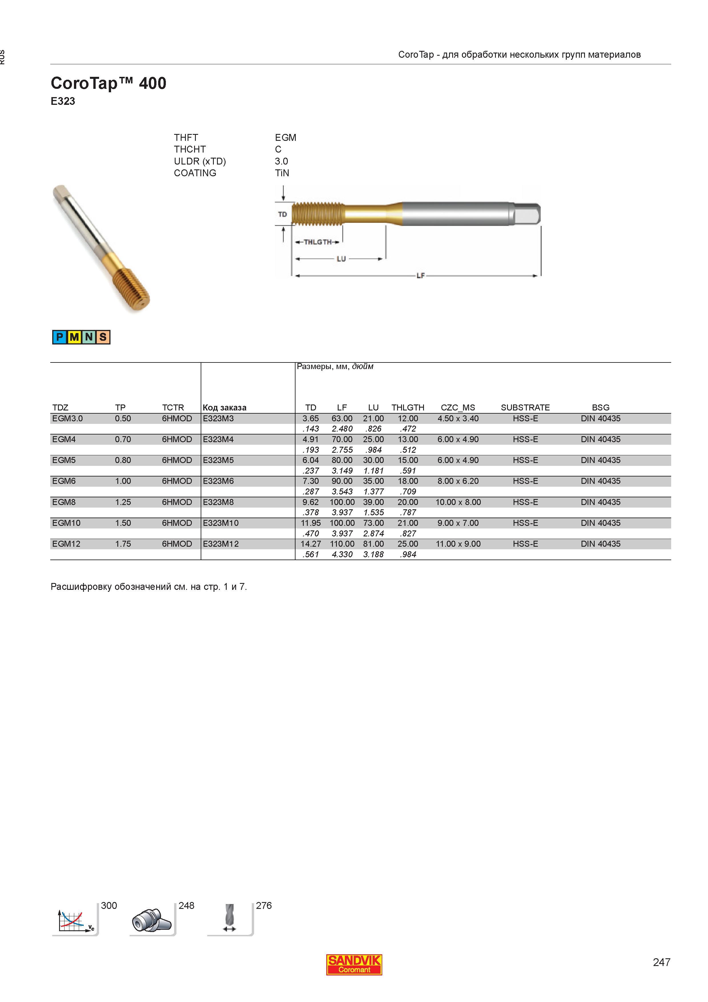 249  Каталог SANDVIK COROMANT 2013 Метчики и инструментальная оснастка для резьбонарезания внутренней резьбы в отверстиях Стр. 247