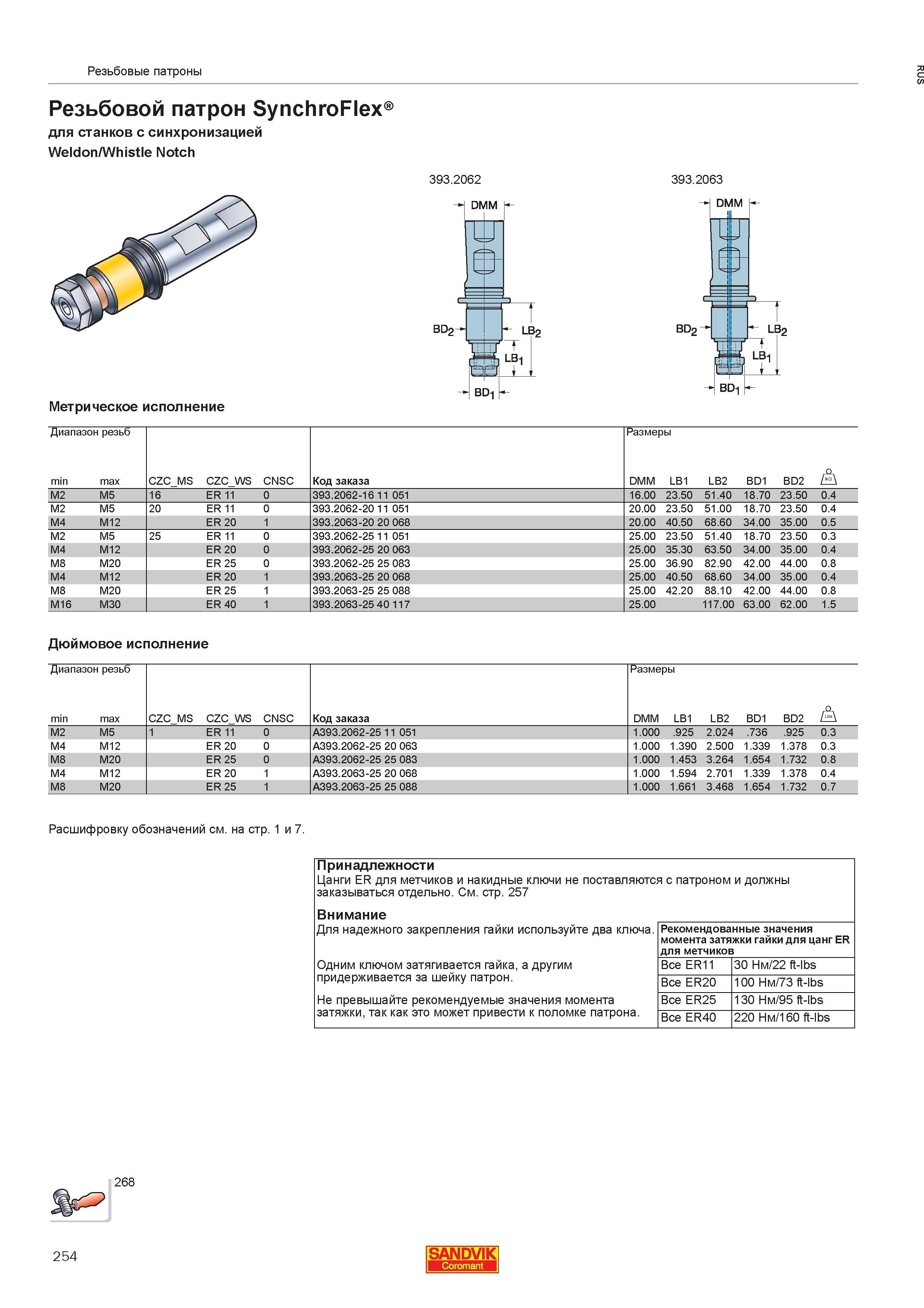 256  Каталог SANDVIK COROMANT 2013 Метчики и инструментальная оснастка для резьбонарезания внутренней резьбы в отверстиях Стр. 254