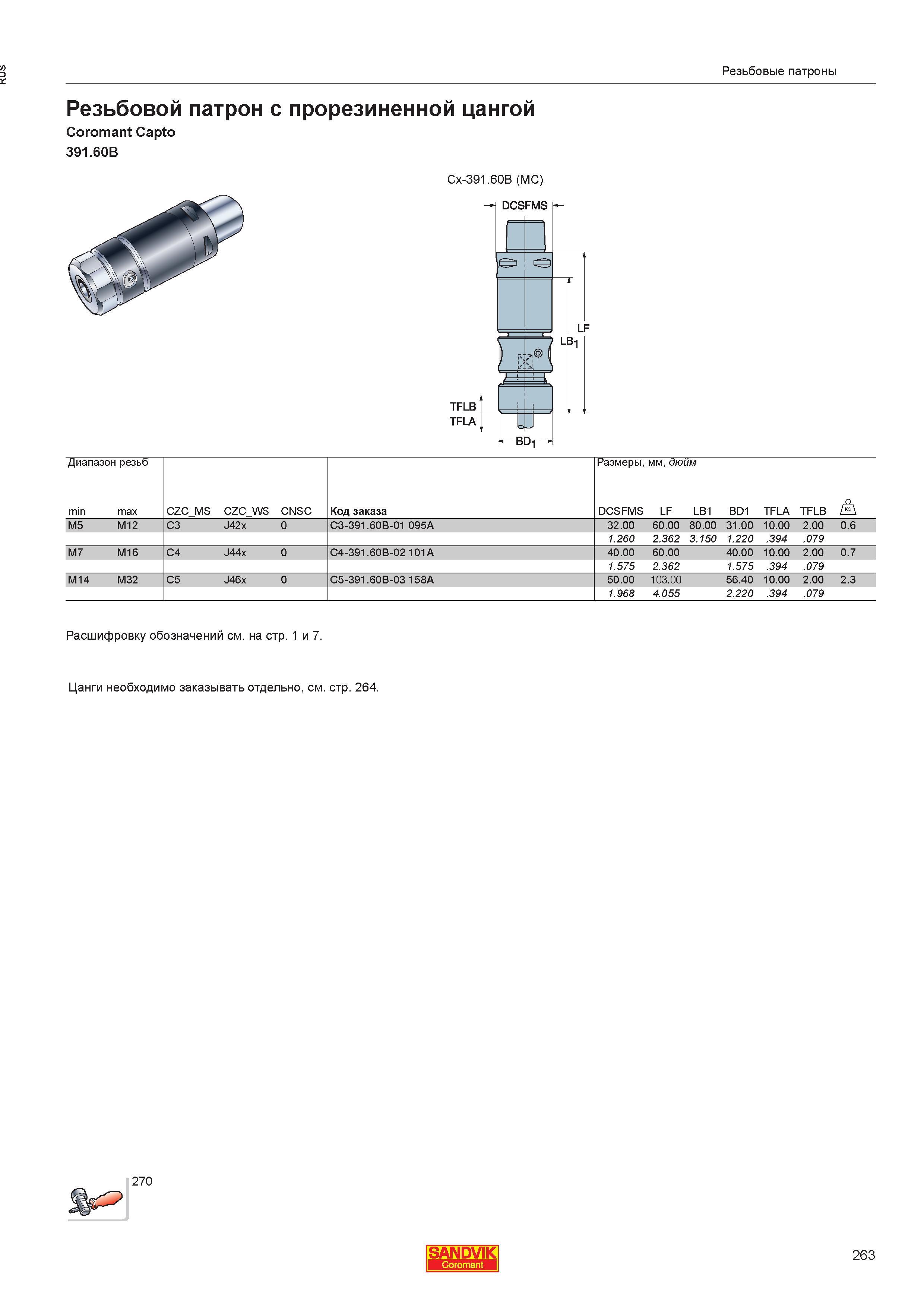 265  Каталог SANDVIK COROMANT 2013 Метчики и инструментальная оснастка для резьбонарезания внутренней резьбы в отверстиях Стр. 263