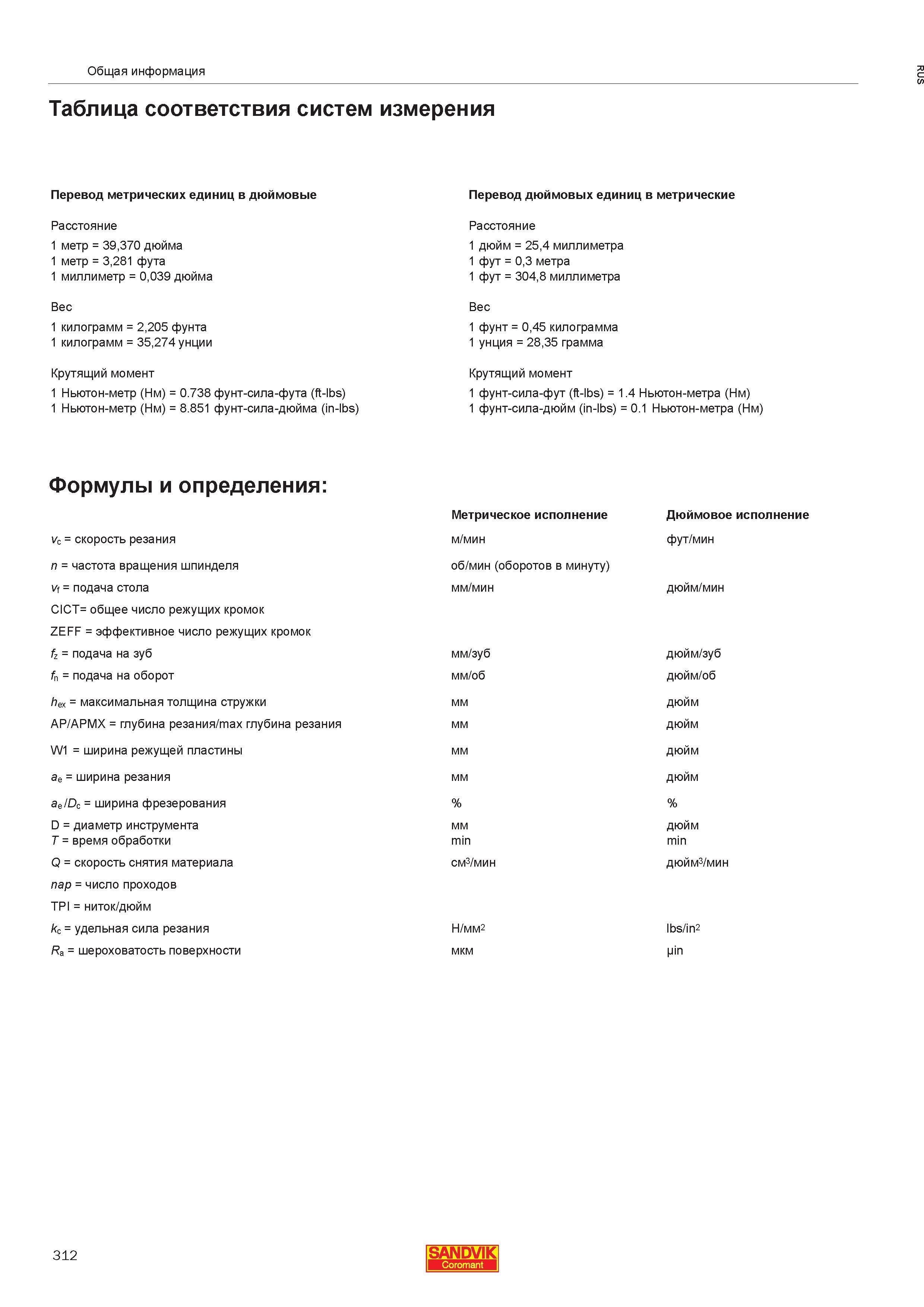 314 Основные соответствия метрической и дюймовой систем измерения Перевод метрических единиц в дюймовые Расстояние 1 метр 39370 дюйма 1 метр 3281 фута 1 миллиметр 0039 д Каталог SANDVIK COROMANT 2013 Метчики и инструментальная оснастка для резьбонарезания внутренней резьбы в отверстиях Стр. 312