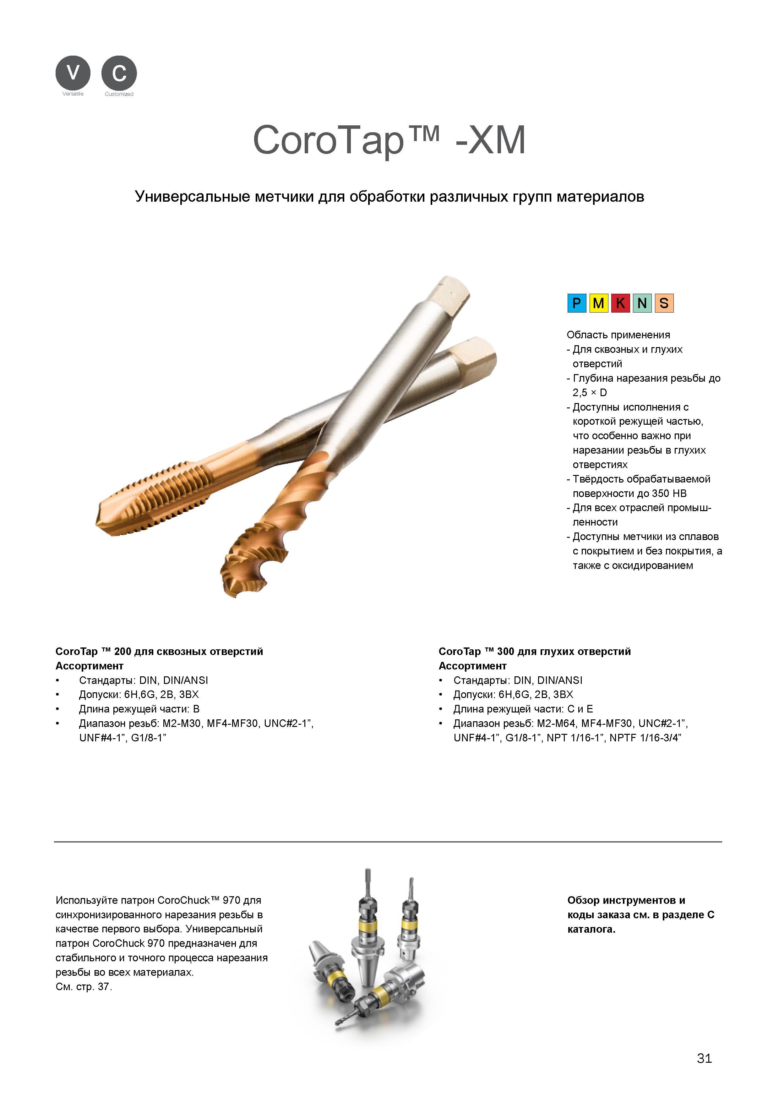 35 Универсальные метчики Sandvik Coromant для обработки различных групп обрабатываемых материалов ISO P M K N S Каталог SANDVIK COROMANT 2016 Металлорежущий цельный инструмент и инструментальная оснастка для вращающегося режущего станочного инструмента Стр. 31