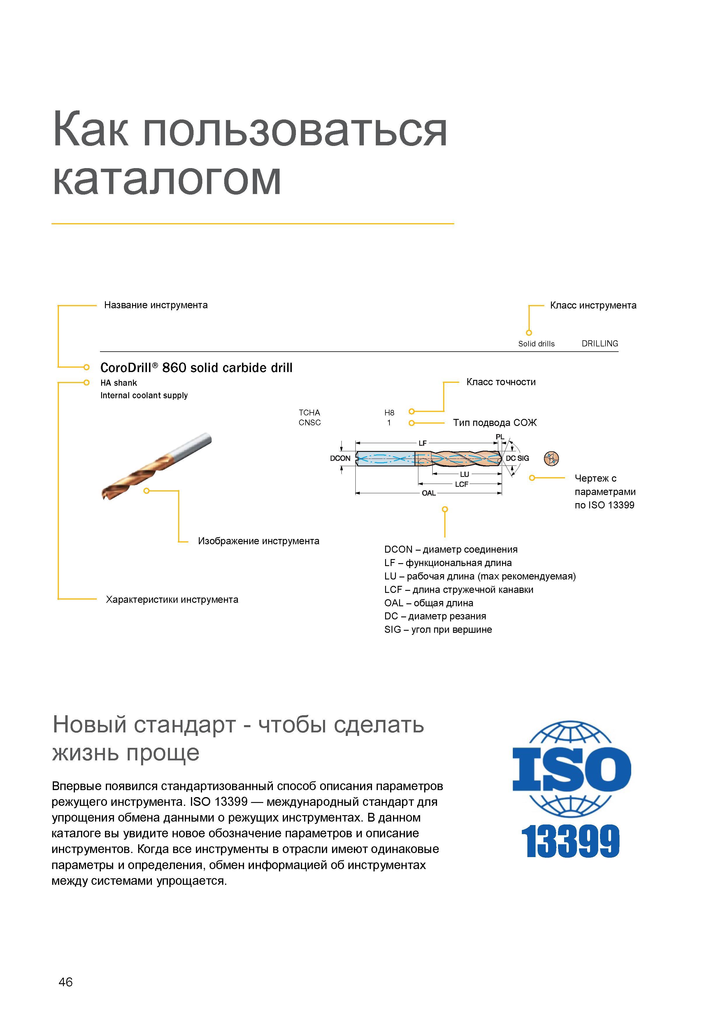 50 Как пользоваться каталогом Sandvik Coromant? Впервые появился стандартизованный способ описания параметров режущего инструмента по ISO 13399 Каталог SANDVIK COROMANT 2016 Металлорежущий цельный инструмент и инструментальная оснастка для вращающегося режущего станочного инструмента Стр. 46