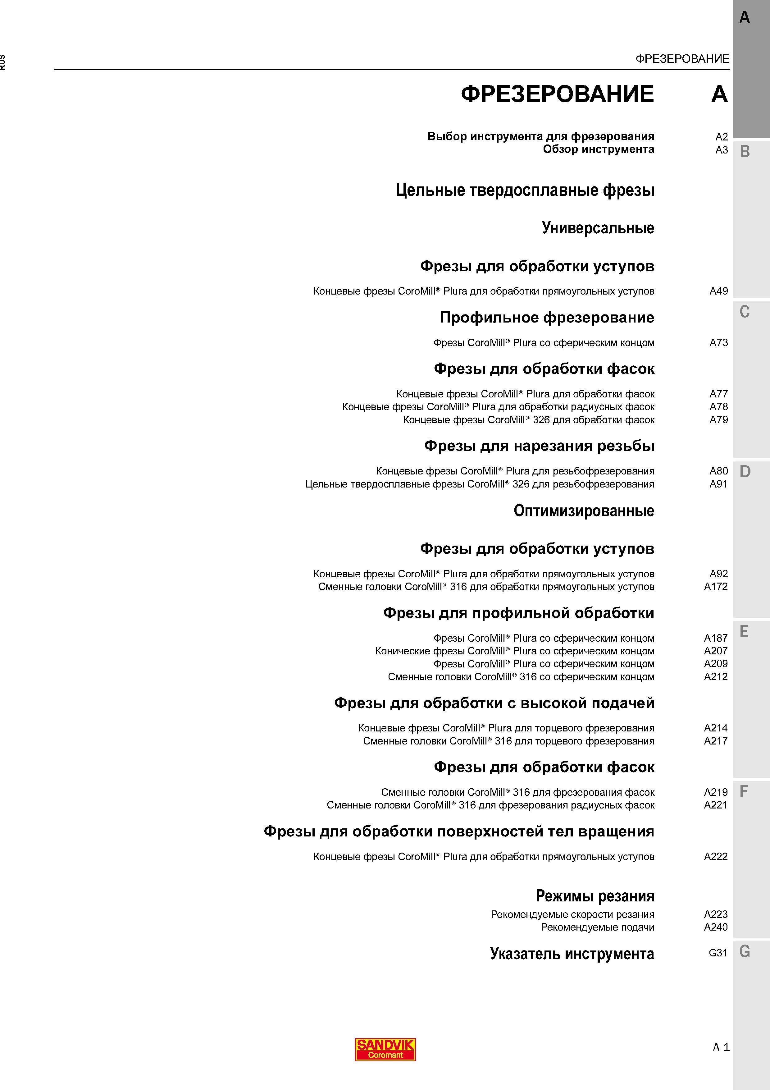 53 Монолитные концевые твердосплавные фрезы Sandvik Coromant для фрезерования на станках Содержание раздела инструментального каталога Каталог SANDVIK COROMANT 2016 Металлорежущий цельный инструмент и инструментальная оснастка для вращающегося режущего станочного инструмента Стр. A1