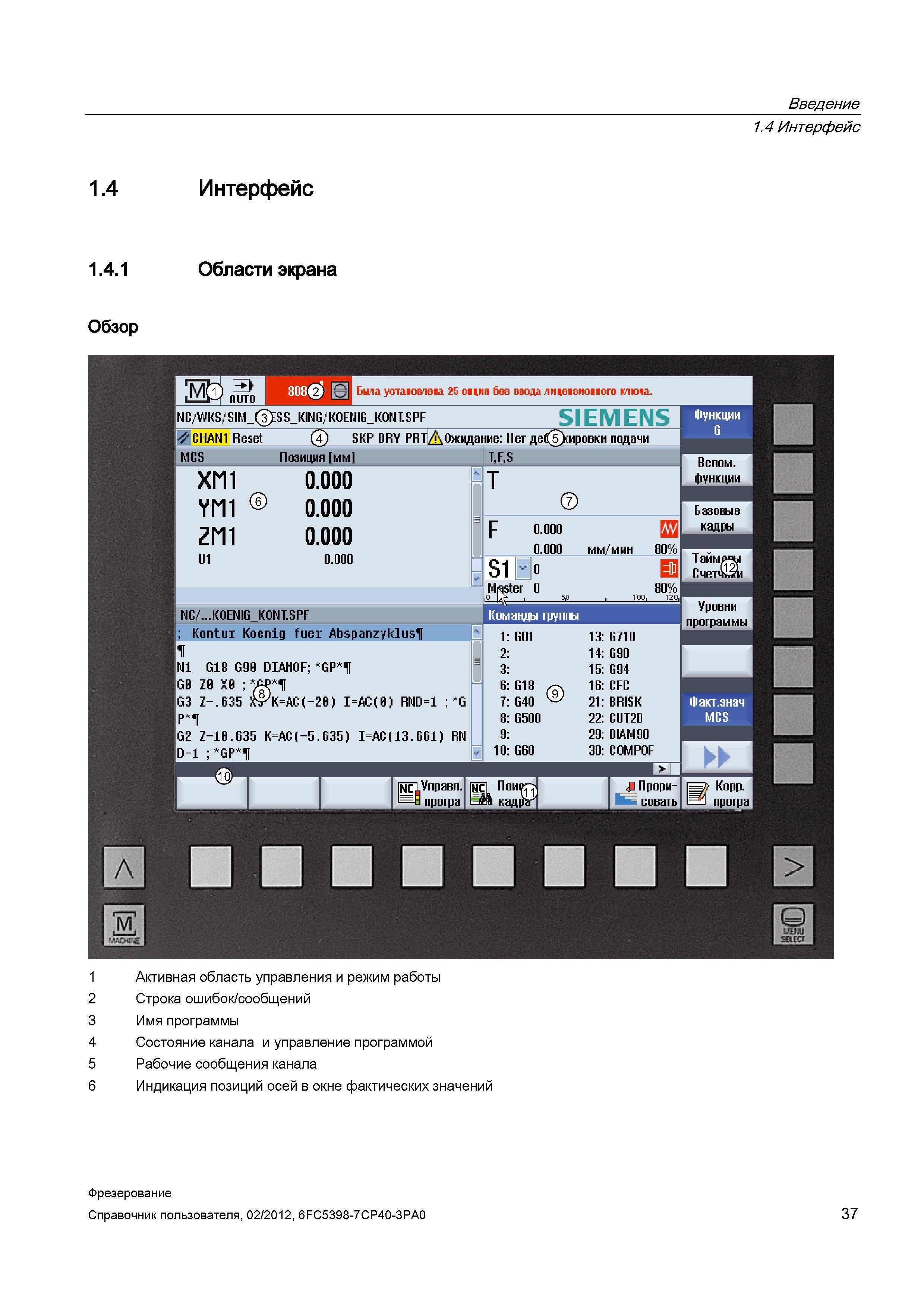 37 Наглядная иллюстрация основных областей экрана стойки ЧПУ Siemens Sinumerik 840D sl Обзор Активная область управления и режим работы Справочник пользователя SIEMENS 840D sl 828D SINUMERIK Фрезерная обработка Системы числового программного управления станками СЧПУ Версия 2012 Стр. 37