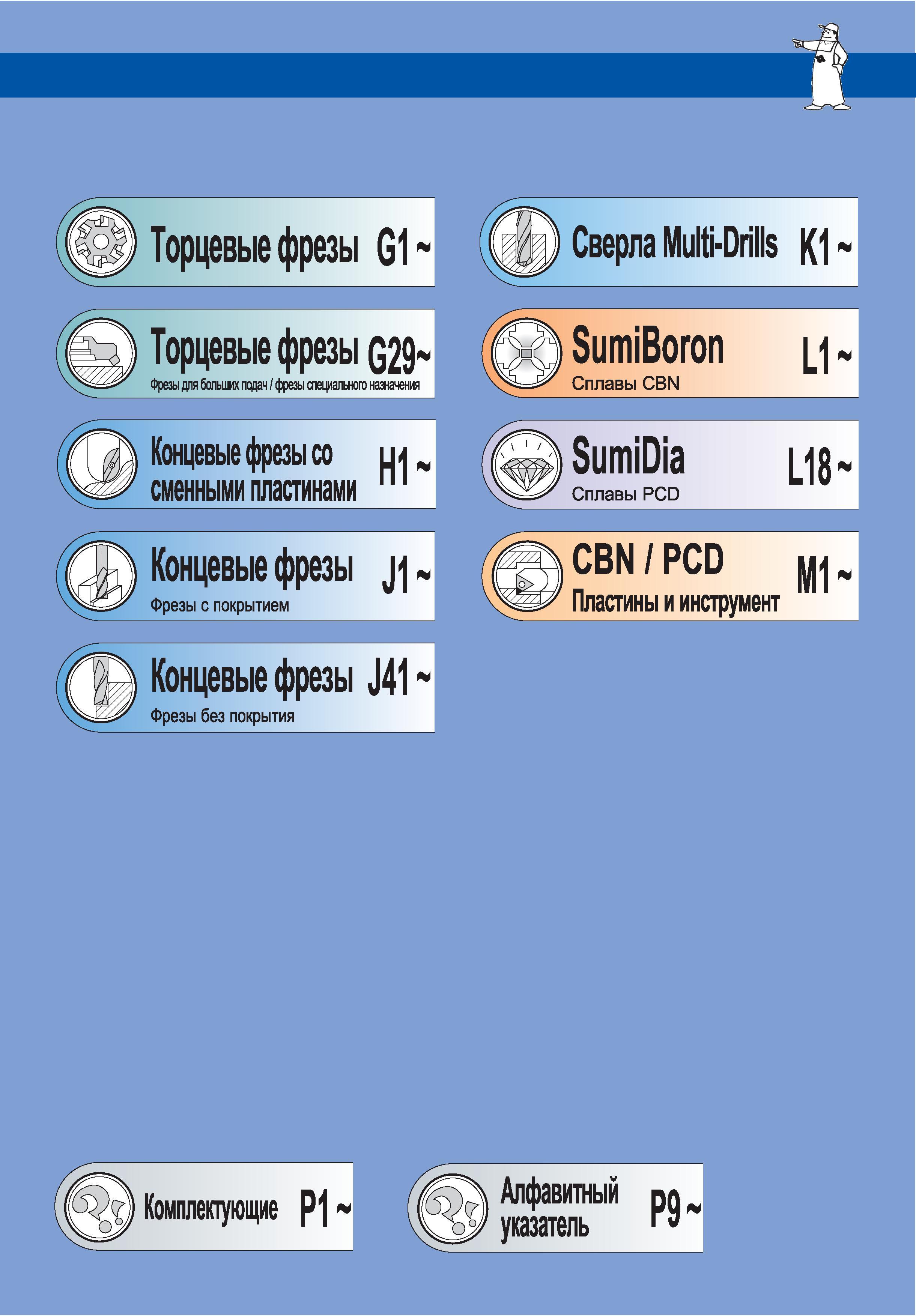 2 Содержание каталога инструмента Sumitomo Торцевые фрезы G1 Торцевые фрезы Q29- Фрезы для больших подач / фрезы специального назначения Концевые ф Каталог SUMITOMO 2014 Сборный и монолитный металлорежущий инструмент для станков Пластины режущие из твердого сплава Токарные резцы Торцевые и концевые фрезы Спиральные сверла Стр. 