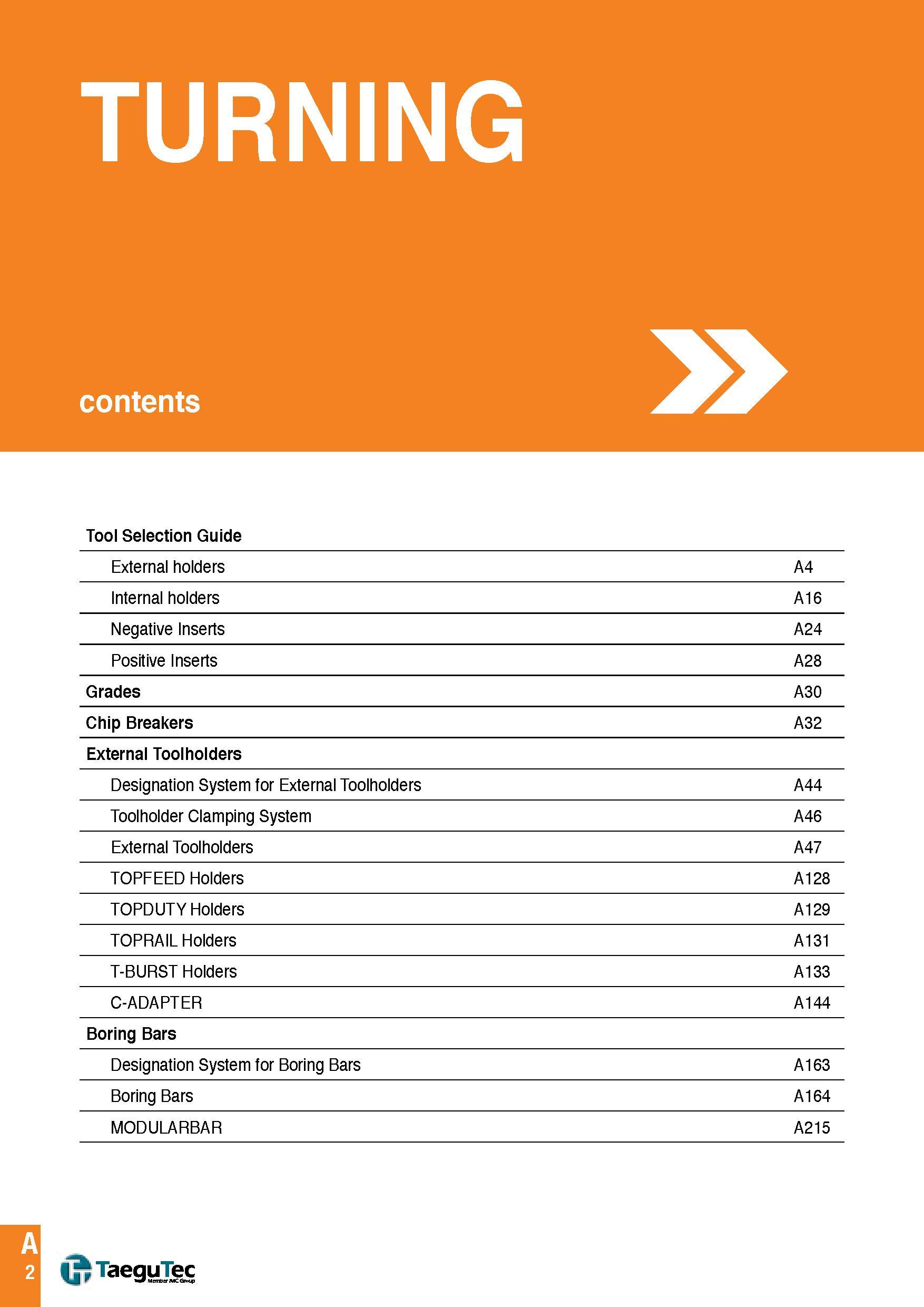 5 TURNING contents Tool Selection Guide External holders A4 Internal holders A16 Negative Inserts A24 Positive Inserts A28 Grades A30 Chip Breakers A32 Каталог TAEGUTEC 2016 Металлорежущий инструмент для токарных станков Резцы Державки Сменные режущие пластины Сверла монолитные и сборные Стр. A2 ENG