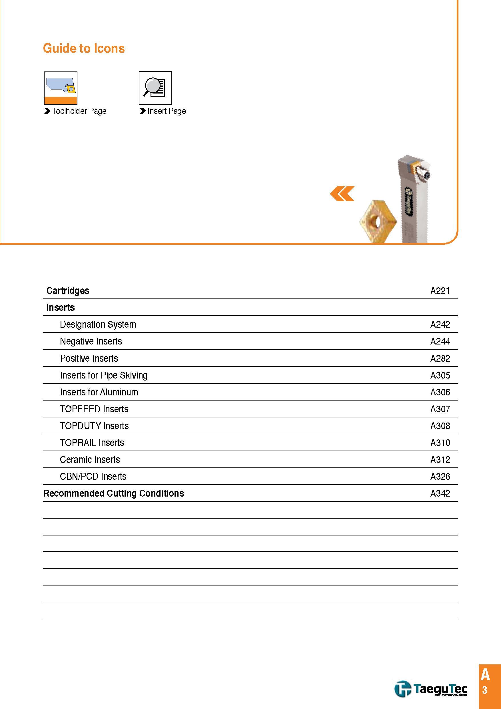 6 guide to icons > Toolholder Page > Insert Page Cartridges A221 inserts Designation System A242 Negative Inserts A244 Positive Inserts A282 Inserts for Каталог TAEGUTEC 2016 Металлорежущий инструмент для токарных станков Резцы Державки Сменные режущие пластины Сверла монолитные и сборные Стр. A3 ENG