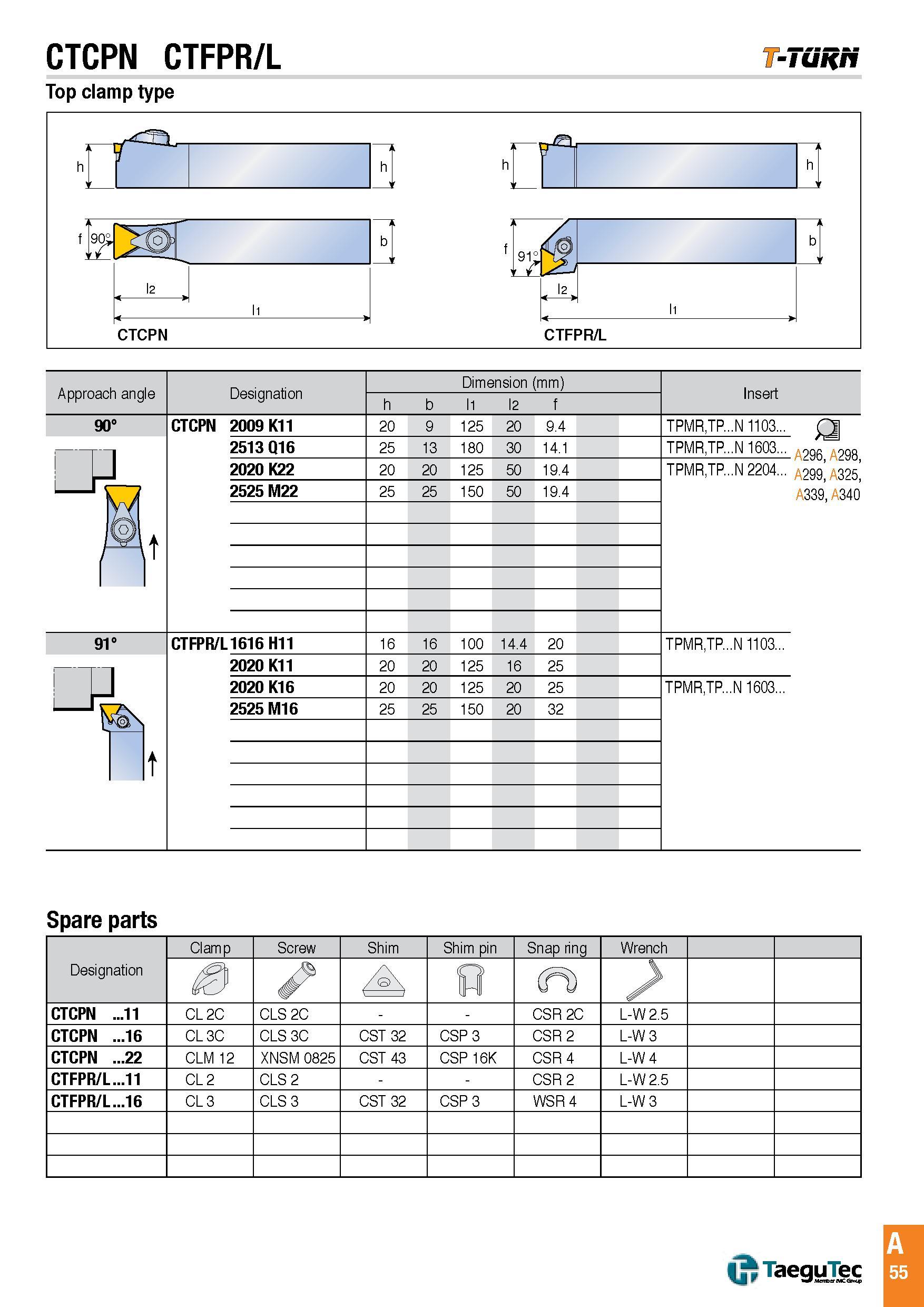 58 CTCPN CTFPR/L -Tunri Top clamp type Approach angle Designation Dimension (mm) Insert h b l1 l2 f 90° CTCPN 2009 K11 20 9 125 20 9 4 TPMR,TP N 1103 Q L Каталог TAEGUTEC 2016 Металлорежущий инструмент для токарных станков Резцы Державки Сменные режущие пластины Сверла монолитные и сборные Стр. A55 ENG