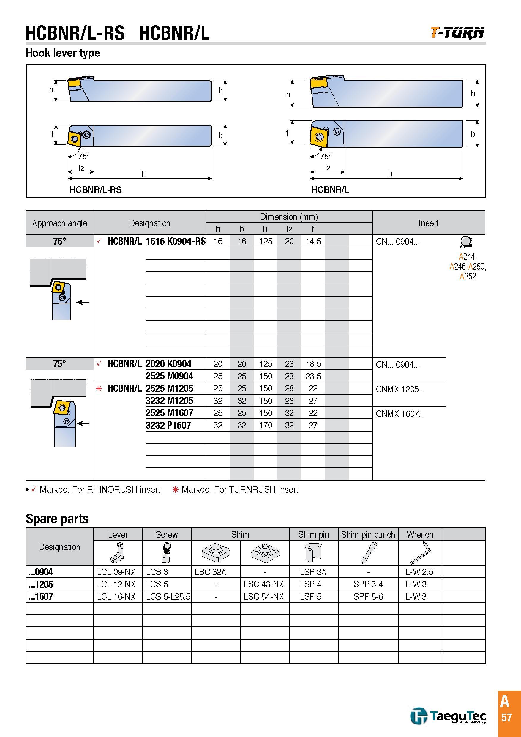 60 HCBNR/L-RS HCBNR/L -Tunri Hook lever type HCBNR/L-RS HCBNR/L Approach angle Designation Dimension (mm) Insert h b l1 l2 f 75° HCBNR/L 1616 K0904-RS 16 Каталог TAEGUTEC 2016 Металлорежущий инструмент для токарных станков Резцы Державки Сменные режущие пластины Сверла монолитные и сборные Стр. A57 ENG