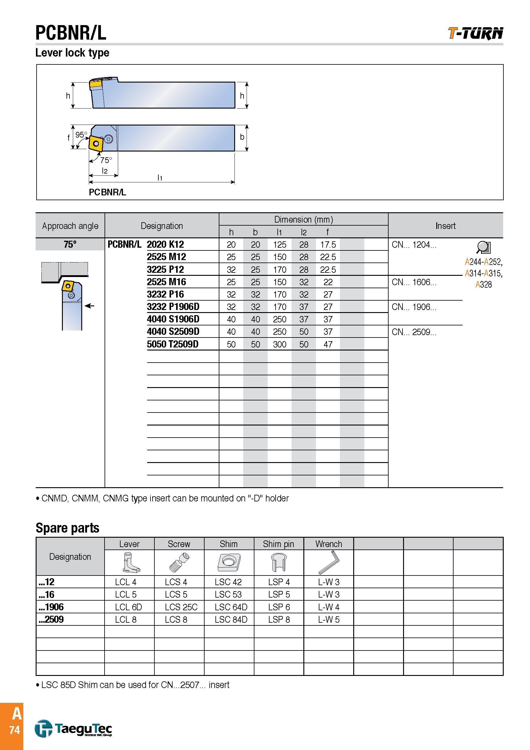 77 PCBNR/L -Tuh/t Lever lock type Approach angle Designation Dimension (mm) Insert h b l1 l2 f 75° PCBNR/L 2020 K12 20 20 125 28 17 5 CN 1204 £j A244-A25 Каталог TAEGUTEC 2016 Металлорежущий инструмент для токарных станков Резцы Державки Сменные режущие пластины Сверла монолитные и сборные Стр. A74 ENG