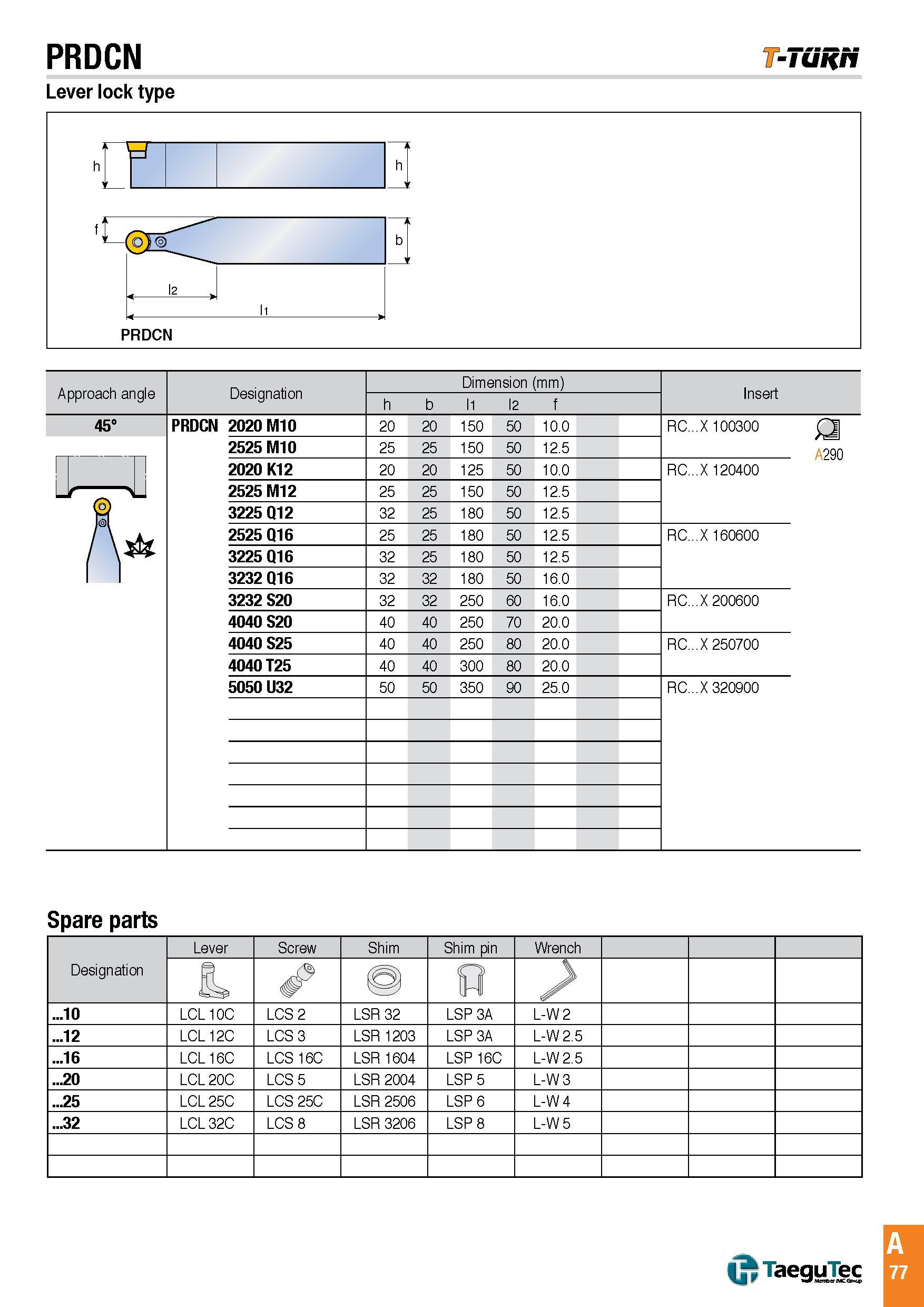 80 PRDCN -Tunri Lever lock type Approach angle Designation Dimension (mm) Insert h b l1 l2 f 45° PRDCN 2020 M10 20 20 150 50 10 0 RC X 100300 £J A290 252 Каталог TAEGUTEC 2016 Металлорежущий инструмент для токарных станков Резцы Державки Сменные режущие пластины Сверла монолитные и сборные Стр. A77 ENG