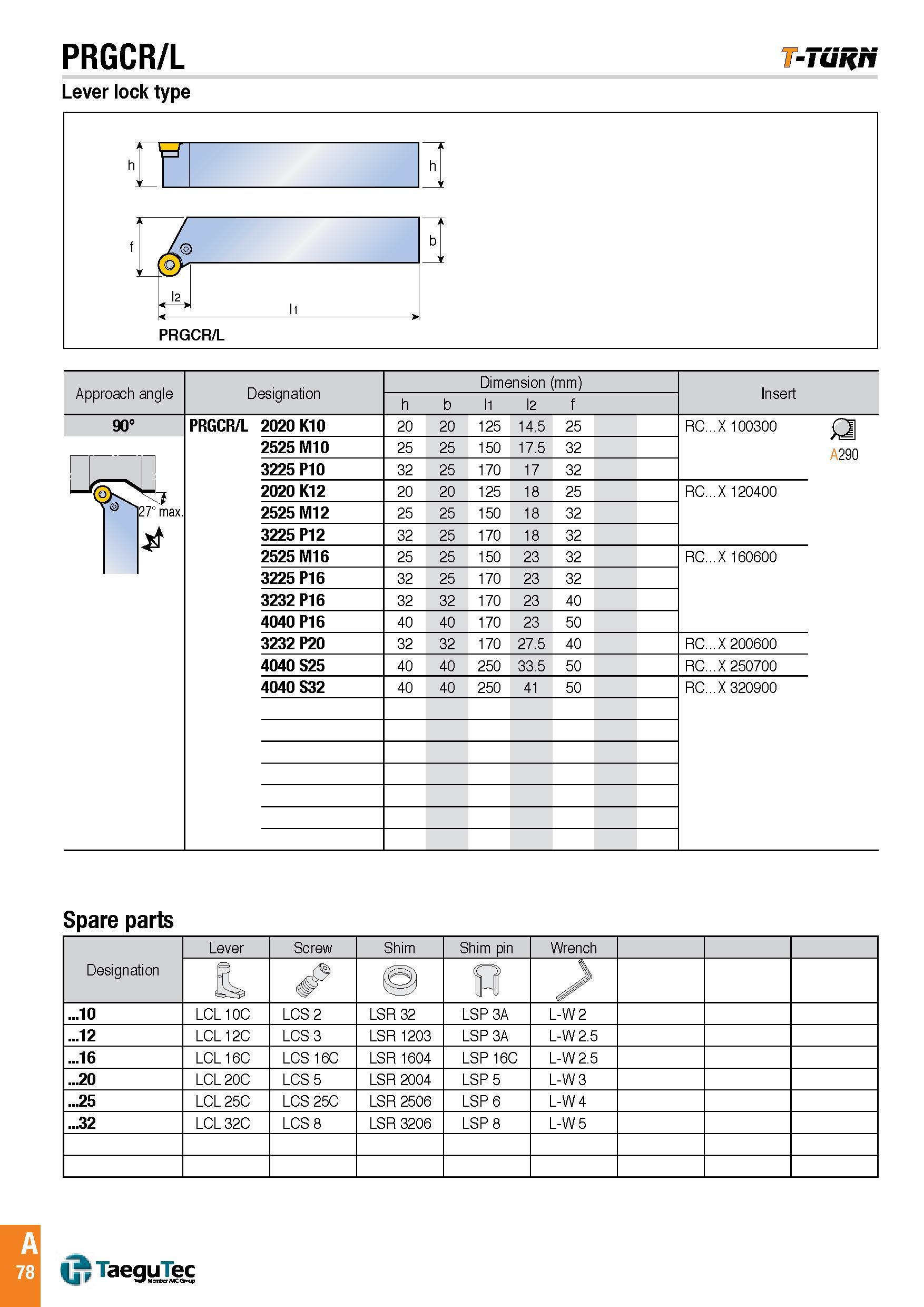 81 PRGCR/L -Tuh/t Lever lock type Approach angle Designation Dimension (mm) Insert h b l1 l2 f 90° PRGCR/L 2020 K10 20 20 125 14 5 25 RC X 100300 Q A290 Каталог TAEGUTEC 2016 Металлорежущий инструмент для токарных станков Резцы Державки Сменные режущие пластины Сверла монолитные и сборные Стр. A78 ENG