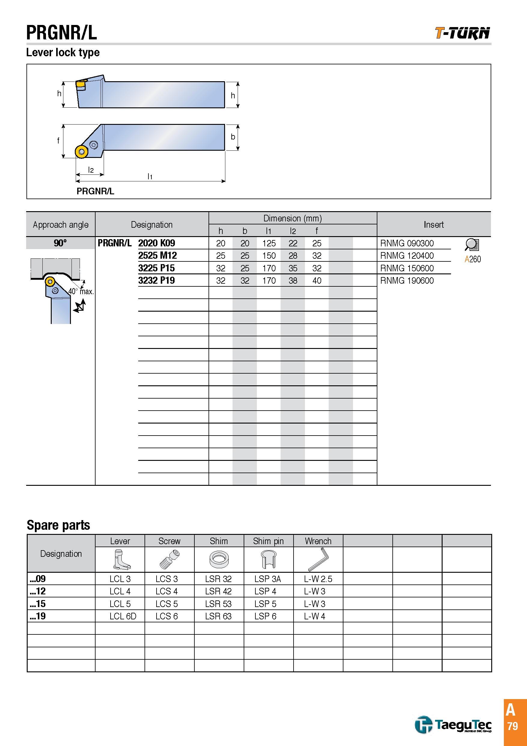 82 PRGNR/L -Tunri Lever lock type Approach angle Designation Dimension (mm) Insert h b l1 l2 f 90° PRGNR/L 2020 K09 20 20 125 22 25 RNMG 090300 £j 0° max Каталог TAEGUTEC 2016 Металлорежущий инструмент для токарных станков Резцы Державки Сменные режущие пластины Сверла монолитные и сборные Стр. A79 ENG