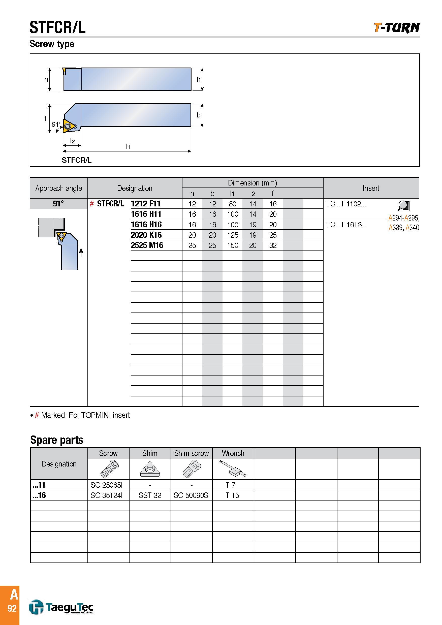 95 STFCR/L Screw type -Tuh/t Approach angle Designation Dimension (mm) Insert h b l1 l2 f 91° STFCR/L 1212 F11 12 12 80 14 16 TC T 1102 2Q4- 2Q5 1616 H11 Каталог TAEGUTEC 2016 Металлорежущий инструмент для токарных станков Резцы Державки Сменные режущие пластины Сверла монолитные и сборные Стр. A92 ENG